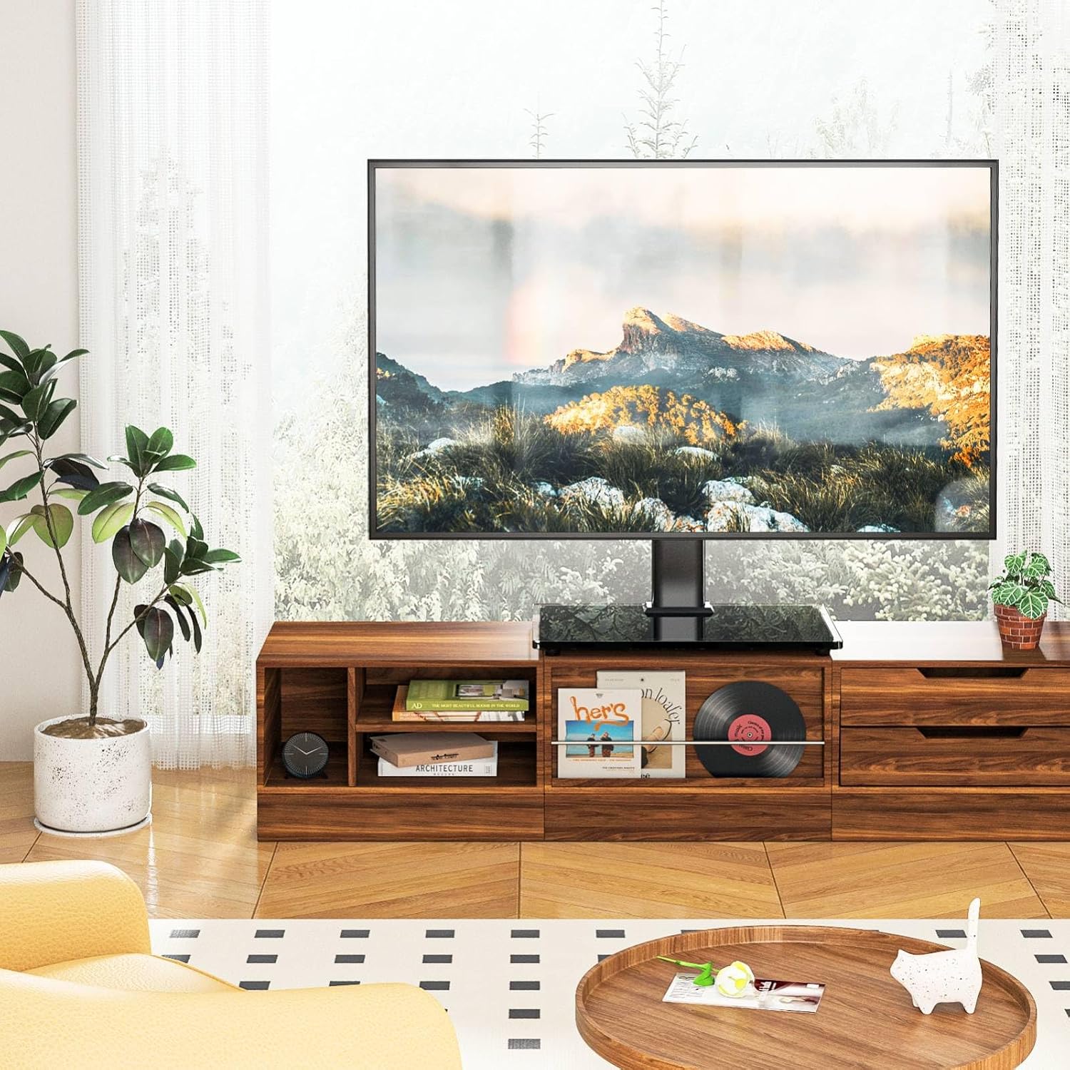 Rfiver Universal TV Stand for 32-75 inch TVs, Support Swivel and Tilt | Height Adjustable, Tempered Glass Base, Holds 110lbs, Max VESA 400x400mm, Ideal for Bedroom & Living Room