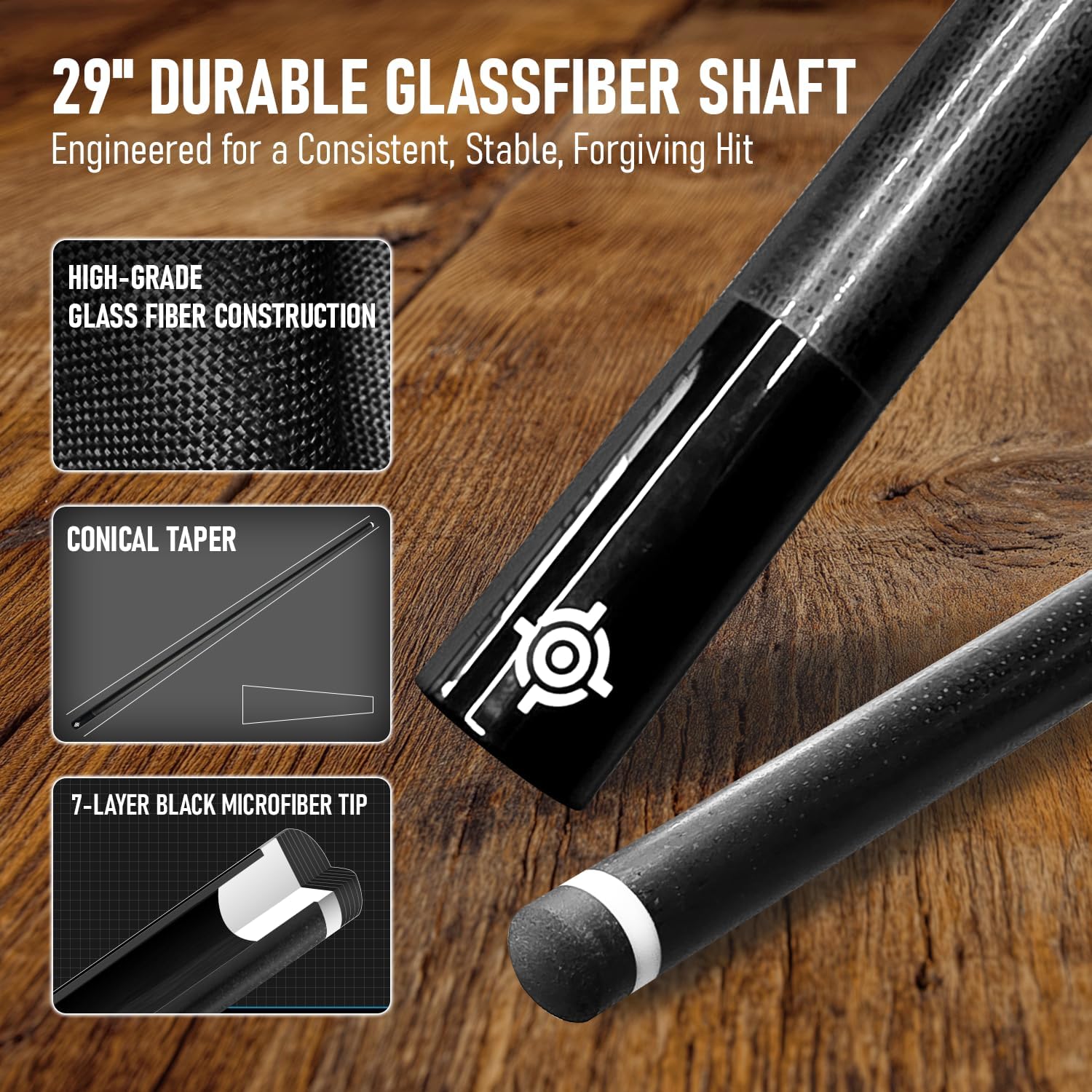 CUEBOTS Glass Fiber Cue, Glass Fiber House Cue Stick, Club Cue, Cue for Beginners, Durable Uni-QR, 3/8-10, 5/16-18 Joint, Long Lasting Glassfiber Shaft, 7-Layer Microfiber Tip