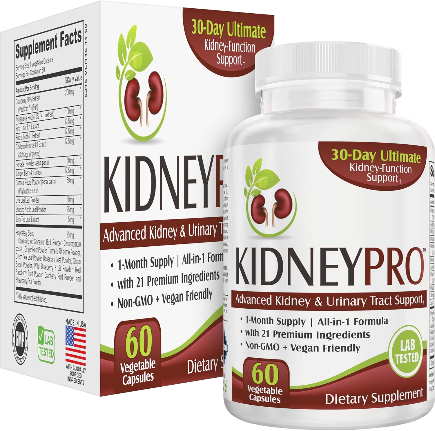 KidneyPRO: with 21 Kidney Health Support Supplements in 1 Formula | Men & Women | Kidney Supplement Complex | 60 Capsules
