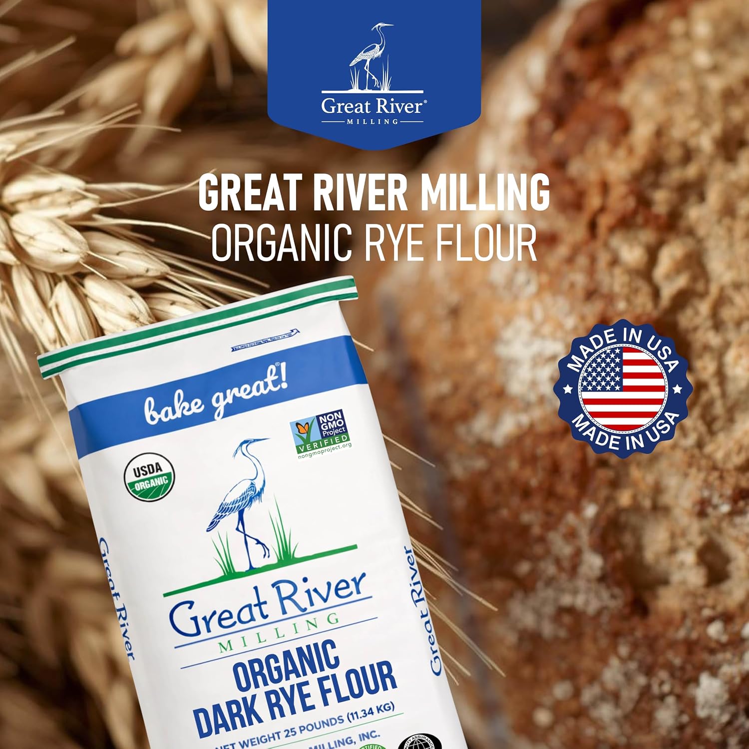 Great River Milling Organic Dark Rye Flour, Whole Grain, 25 lb