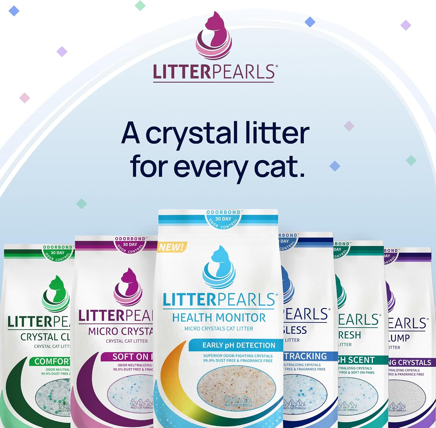 Litter Pearls Micro Crystals Unscented Non-Clumping Crystal Cat Litter with Odorbond, 7 lb, White, Clear and Blue Crystals (LPMC7)