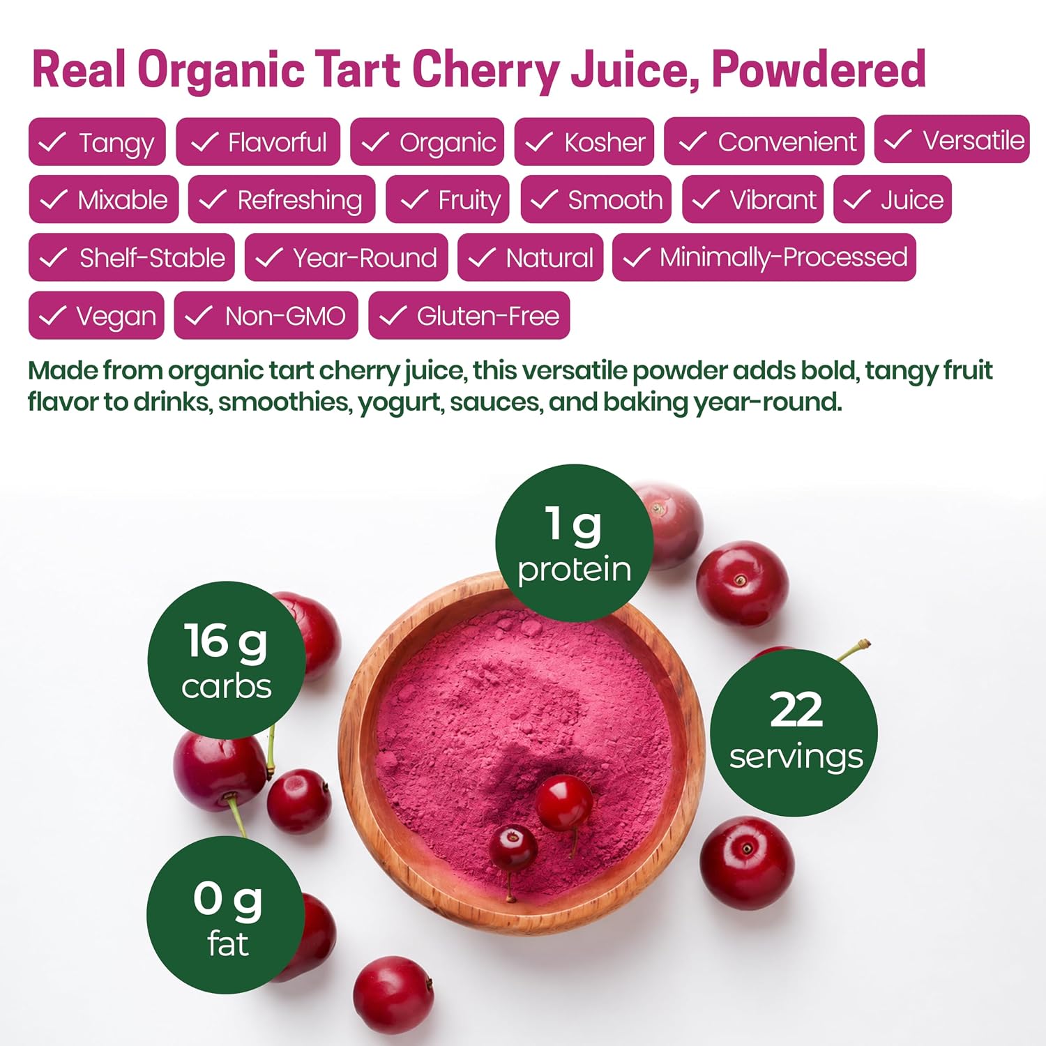 Z Natural Foods Organic Tart Cherry Juice Powder - Vegan, Kosher, 1 lb