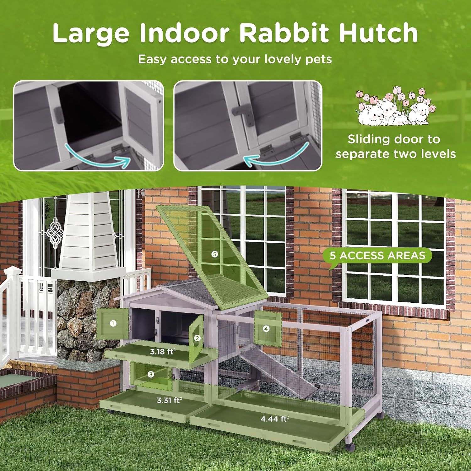 Indoor Rabbit Bunny Hutch Outdoor, Guinea Pig Cages with Removable Bottom Wire Netting - Easy Clean