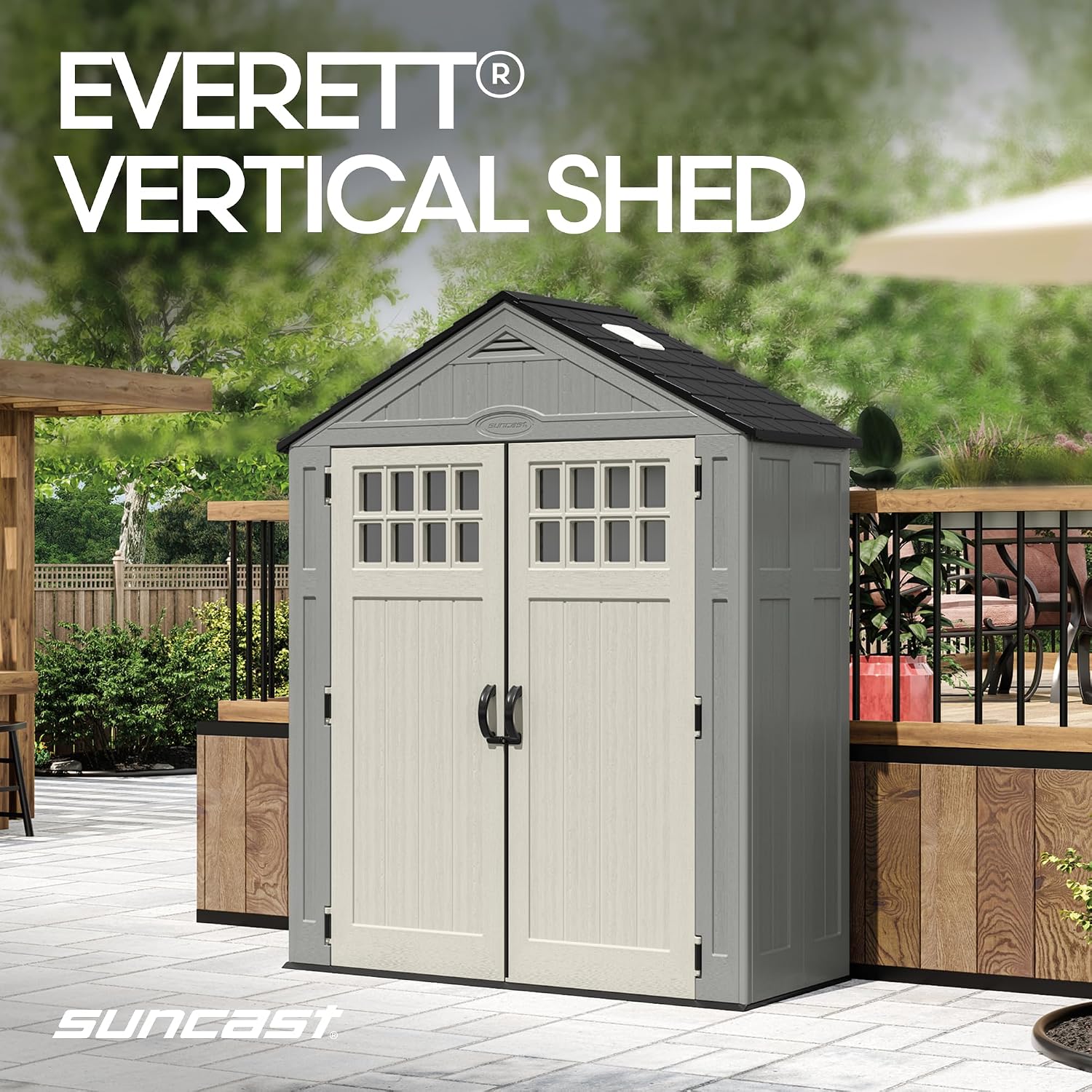 Suncast Everett 6x3 ft Vertical Storage Shed - Resin Outdoor Garden Shed with Floor, Windows