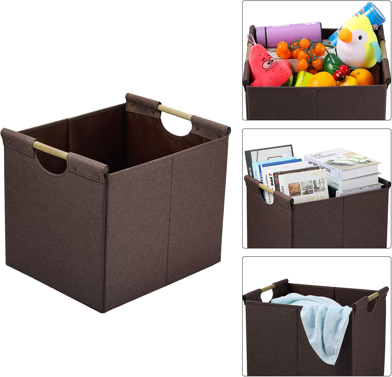 HOONEX Large Collapsible Storage Bins, Linen Fabric, 2 Pack, Storage Baskets with Wooden Carry Handles and Sturdy Heavy Cardboard, for Home, Office
