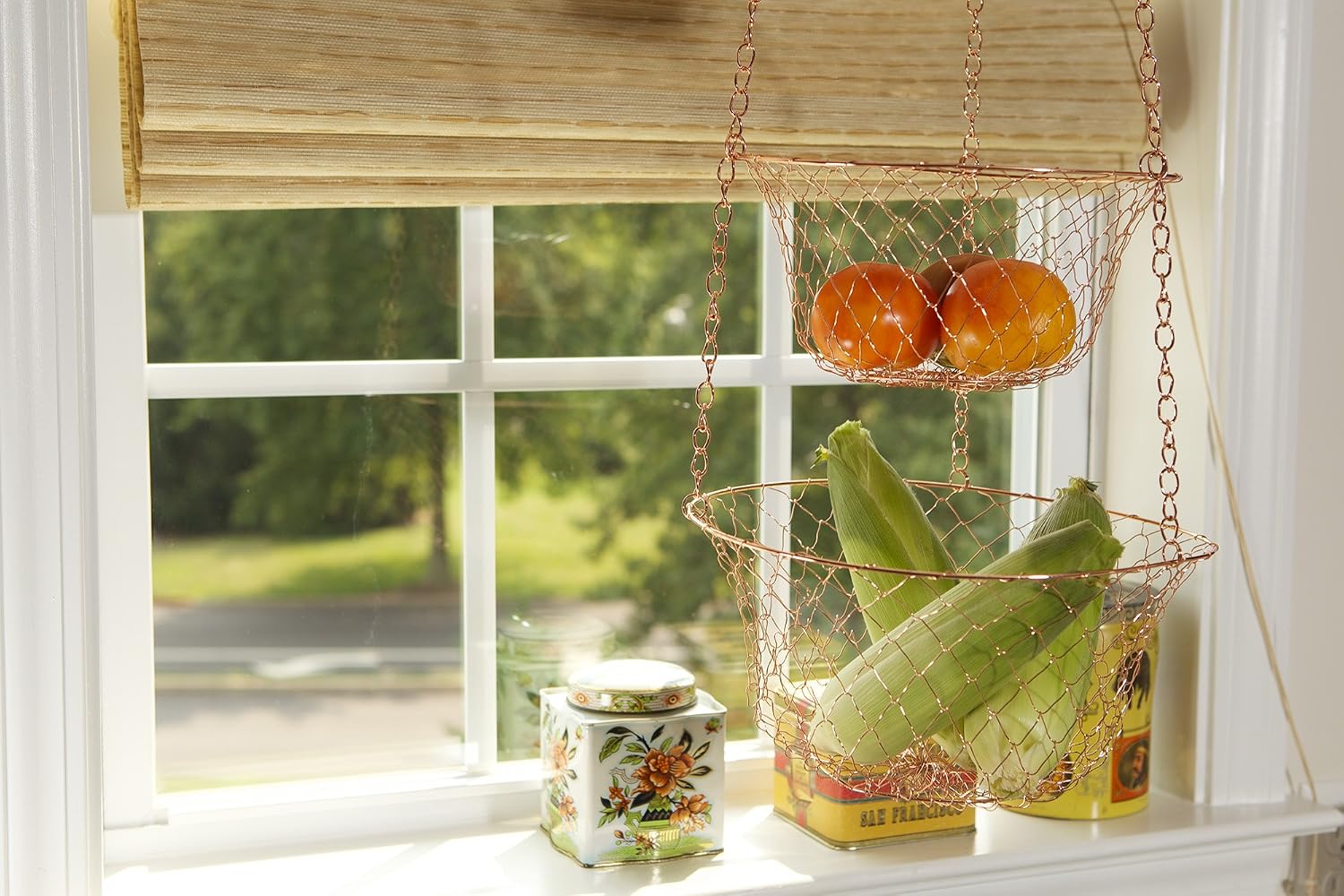 Fox Run 3-Tier Copper Kitchen Hanging Fruit Baskets For Kitchen, 32 Inches | Easily Store & Display Fruit & Vegetables | 3 Tiers Of Baskets For Organization | Beautiful Copper Hanging Kitchen Baskets