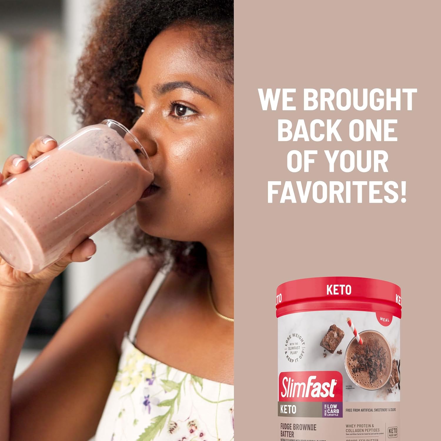 SlimFast Keto Meal Replacement Shake, Fudge Brownie Batter, Low Carb Keto Protein Powder with Collagen & Whey, No Sugar Added, Gluten Free, Weight Loss Support, 10-Serving Canister