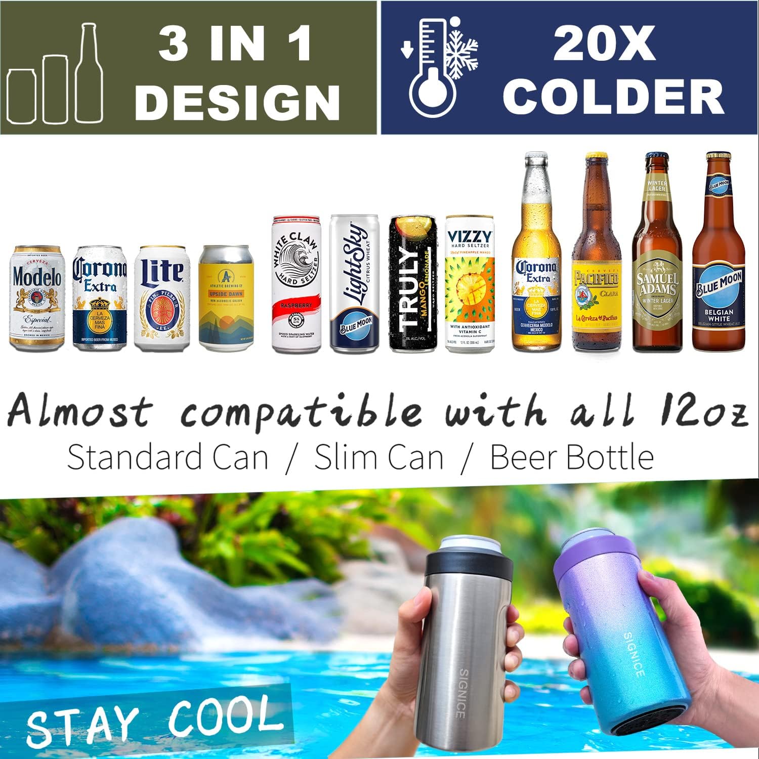 3 In 1 Insulated Universal Can Cooler - Signice Double Walled Vacuum Insulator Stainless Steel Slim Can Cooler for 12 Oz Skinny Tall Standard