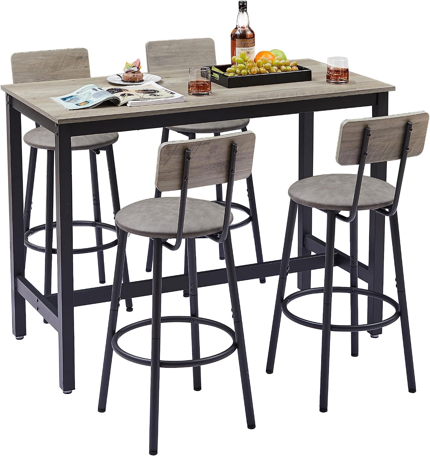 Bar Table Set with 4 Bar stools PU Soft seat with backrest, Grey, 47.24'' L x 23.62'' W x 35.43'' H