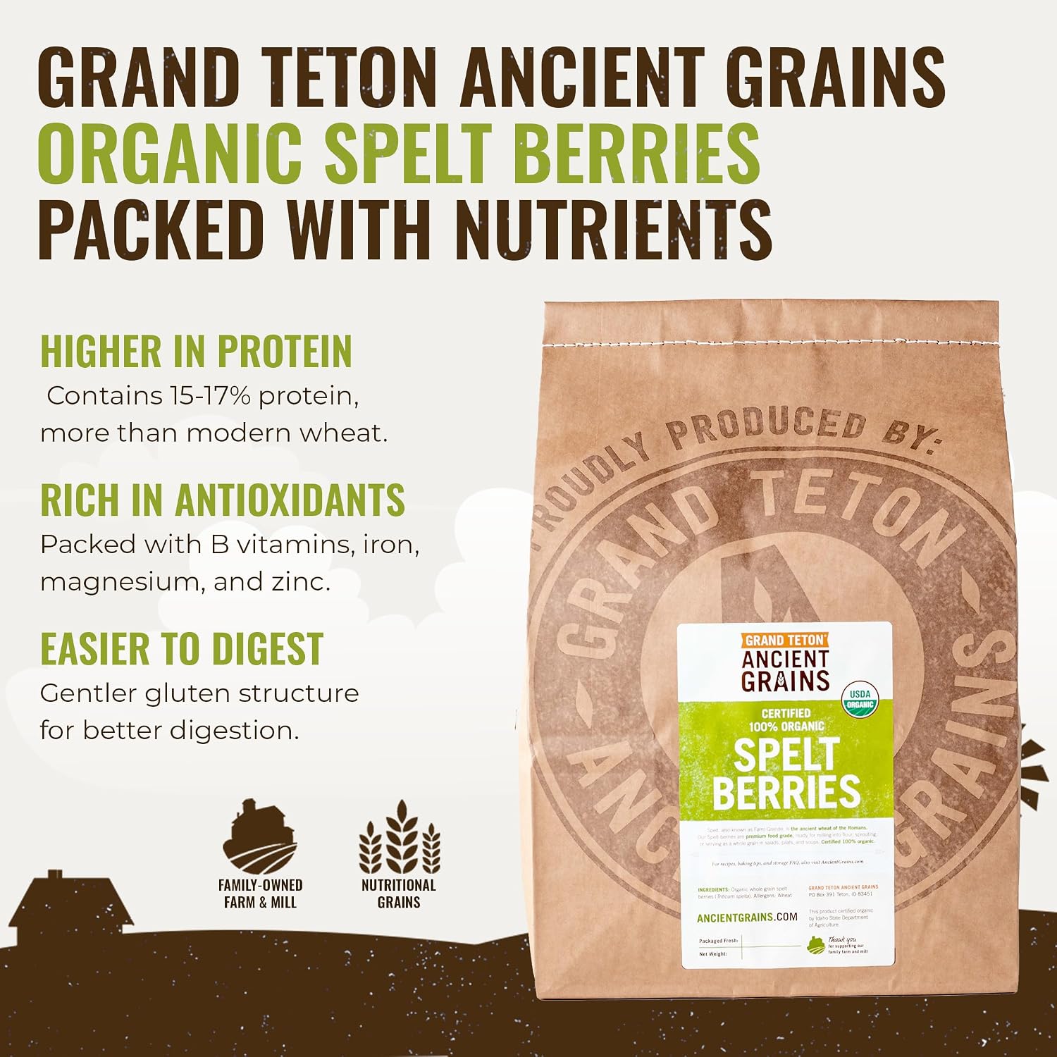 Grand Teton Ancient Grains - 100% Organic Spelt Berries, Whole Unmilled Spelt Berries, US-Grown Farro Organic Grain, Nutritious Baking Staple