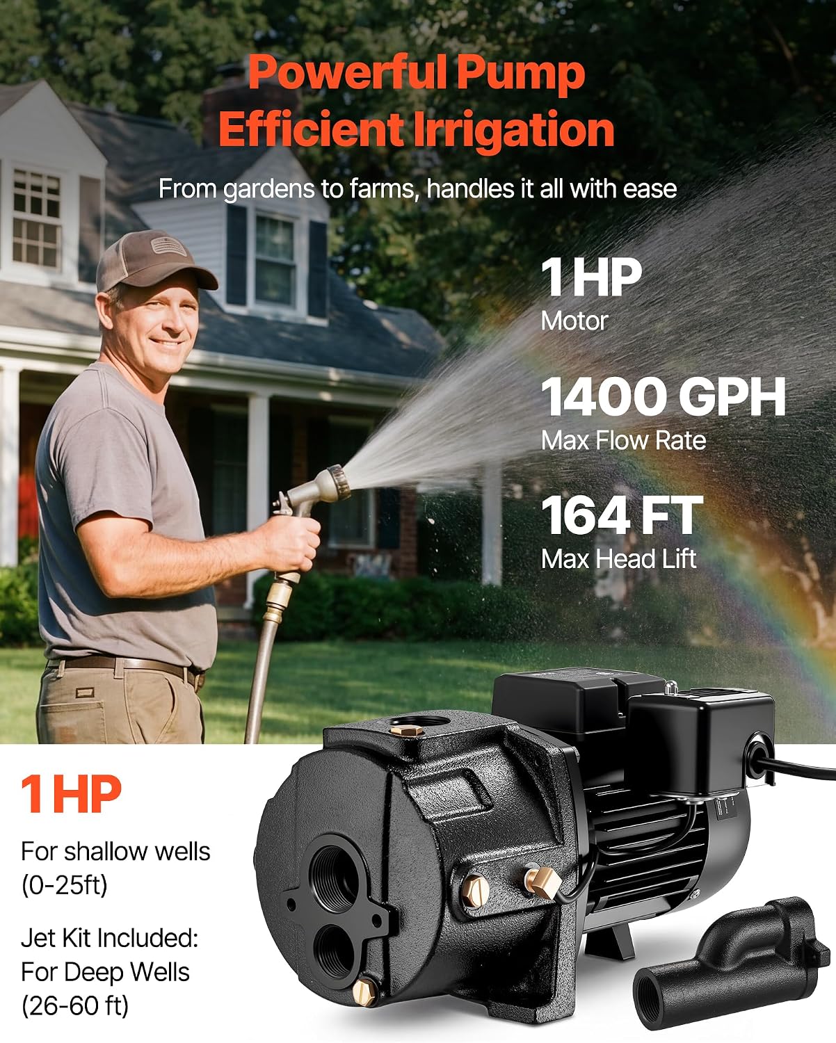 VEVOR 1/2 HP Shallow Well Jet Pump, AC 115/230 Volt, 790 GPH Dual Voltage Cast Iron Well Jet Pump, with 147 ft Max Head Lift, Automatic Pressure Switch, for Garden Irrigation Lawn Sprinkler System