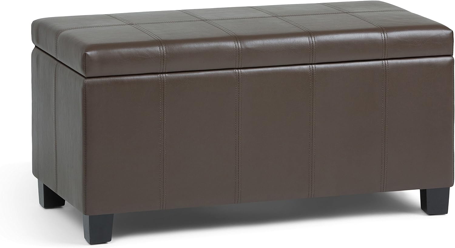 SIMPLIHOME Dover 36" Wide Vegan Leather Storage Ottoman in Midnight Black | Distressed umber brown, contemporary ottoman with lift-top and safety hinges; rectangle storage bench for living room.