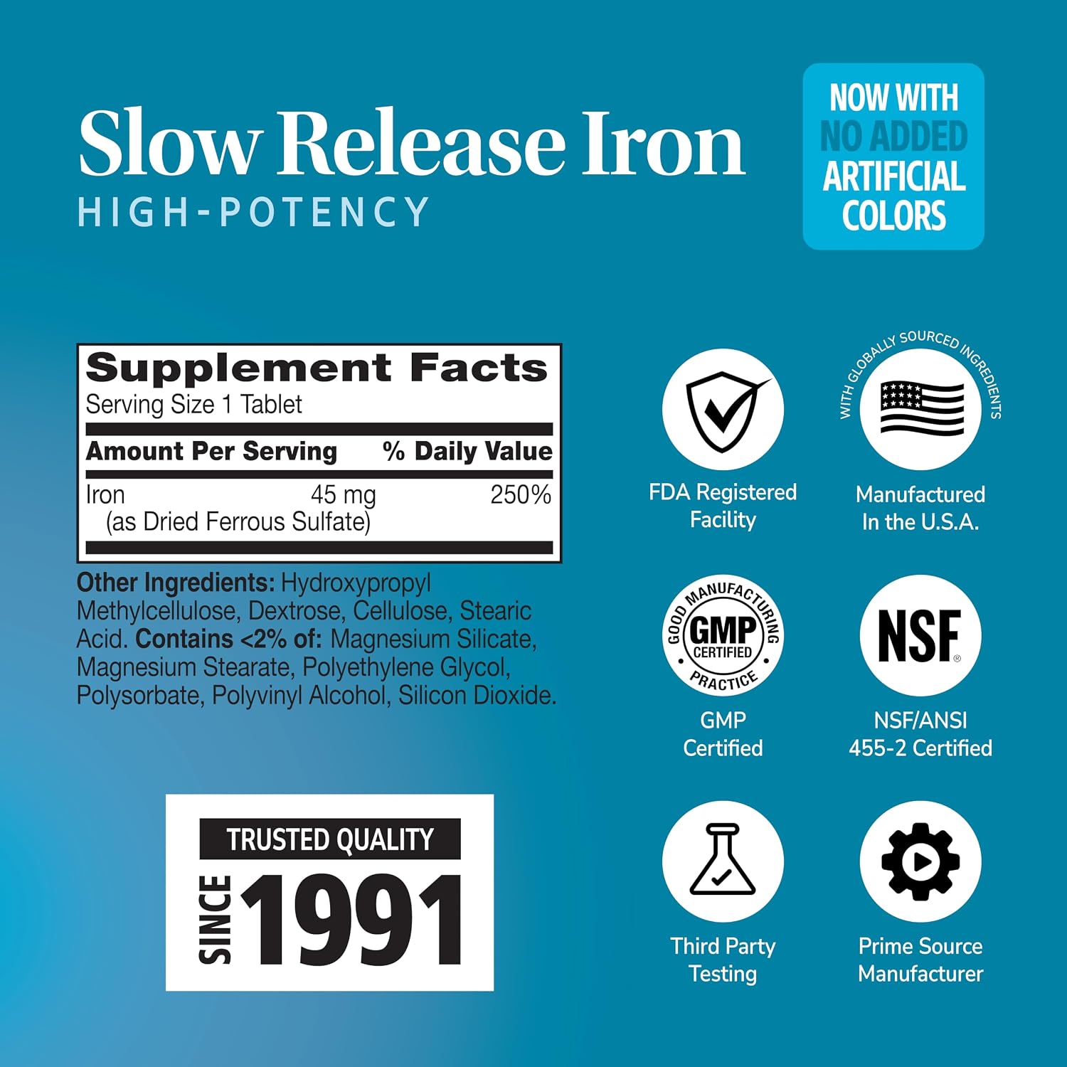 21st Century Slow Release Iron 45mg Tablets, Gentle on Stomach, 60 Count | High-Potency Ferrous Sulfate, Compare VS. Slow FE® & Healthy Red Blood Cells, Gluten Free, No Added Yeast, For Women & Men