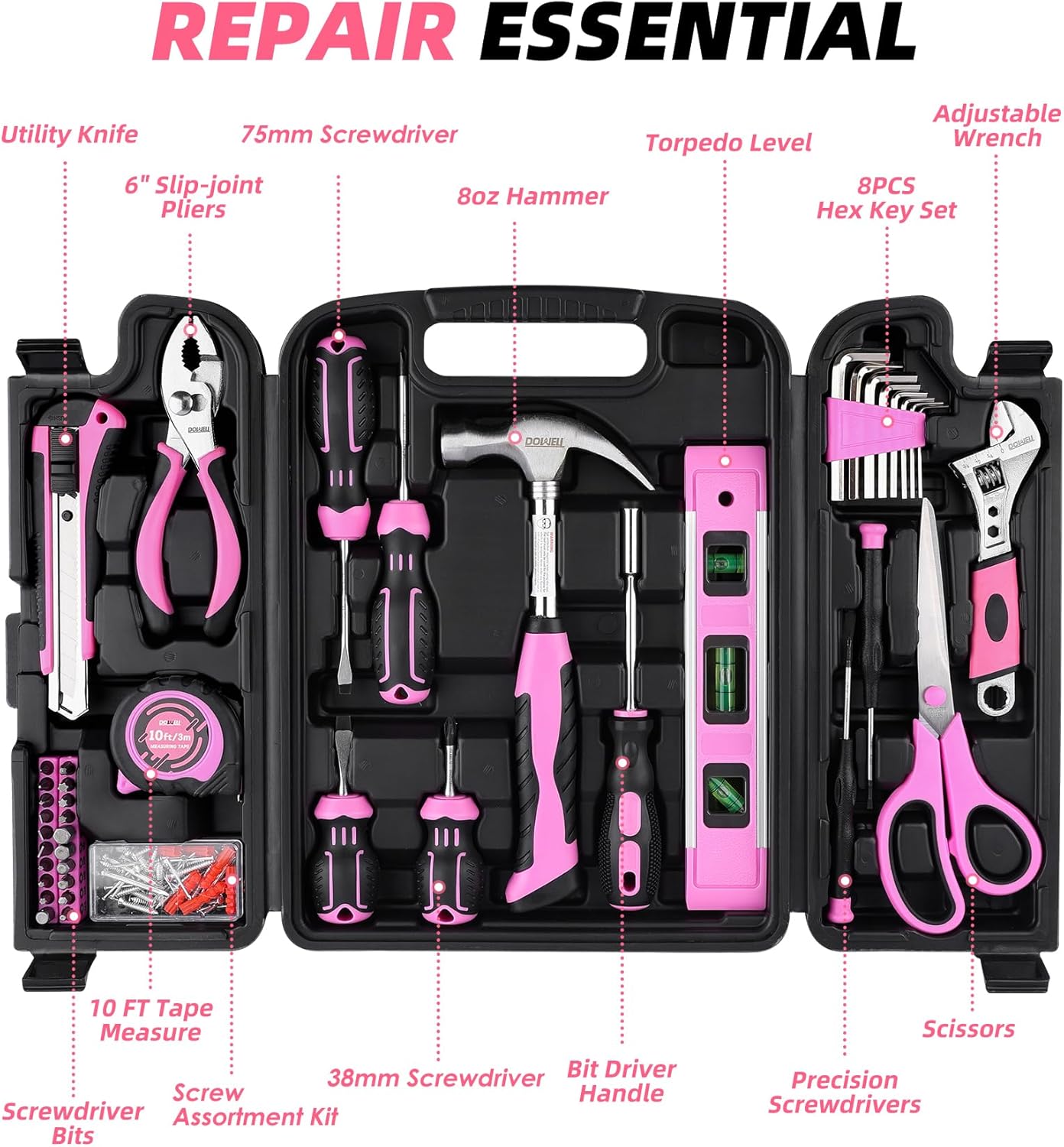 DOWELL Tool Set, 90 Piece Tool Kit with Wrench Set, Home Tools | wrenches, hammer, pliers, screwdrivers, rust-resistant steel, durable plastic case, ANSI certified