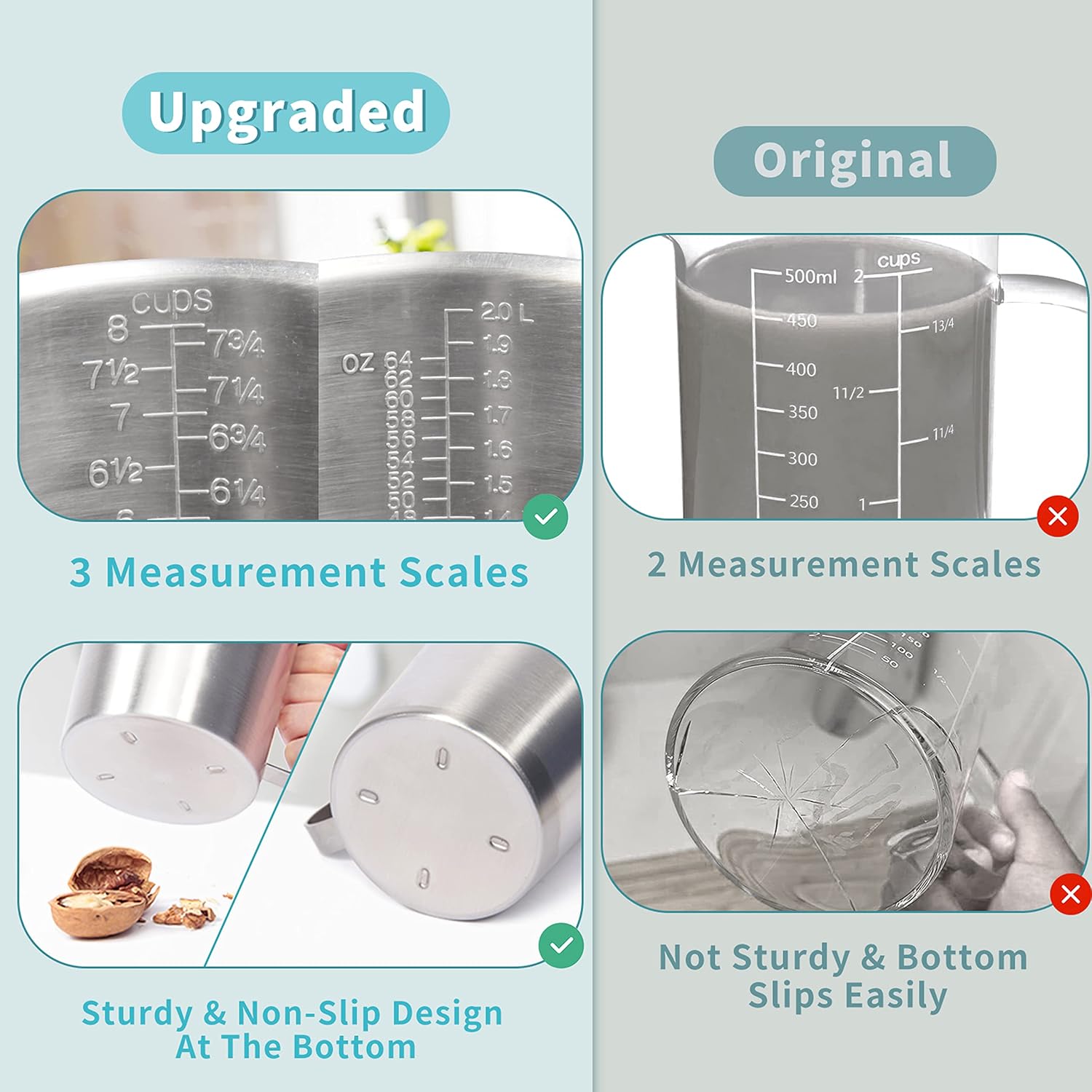 Newness Stainless Steel Measuring Cup, Metal Measuring Cup with Handle (Upgraded, 3 Marking Including Cup/ML/Ounce Scale), 16 Ounces (0.5 Liter, 2 Cup)