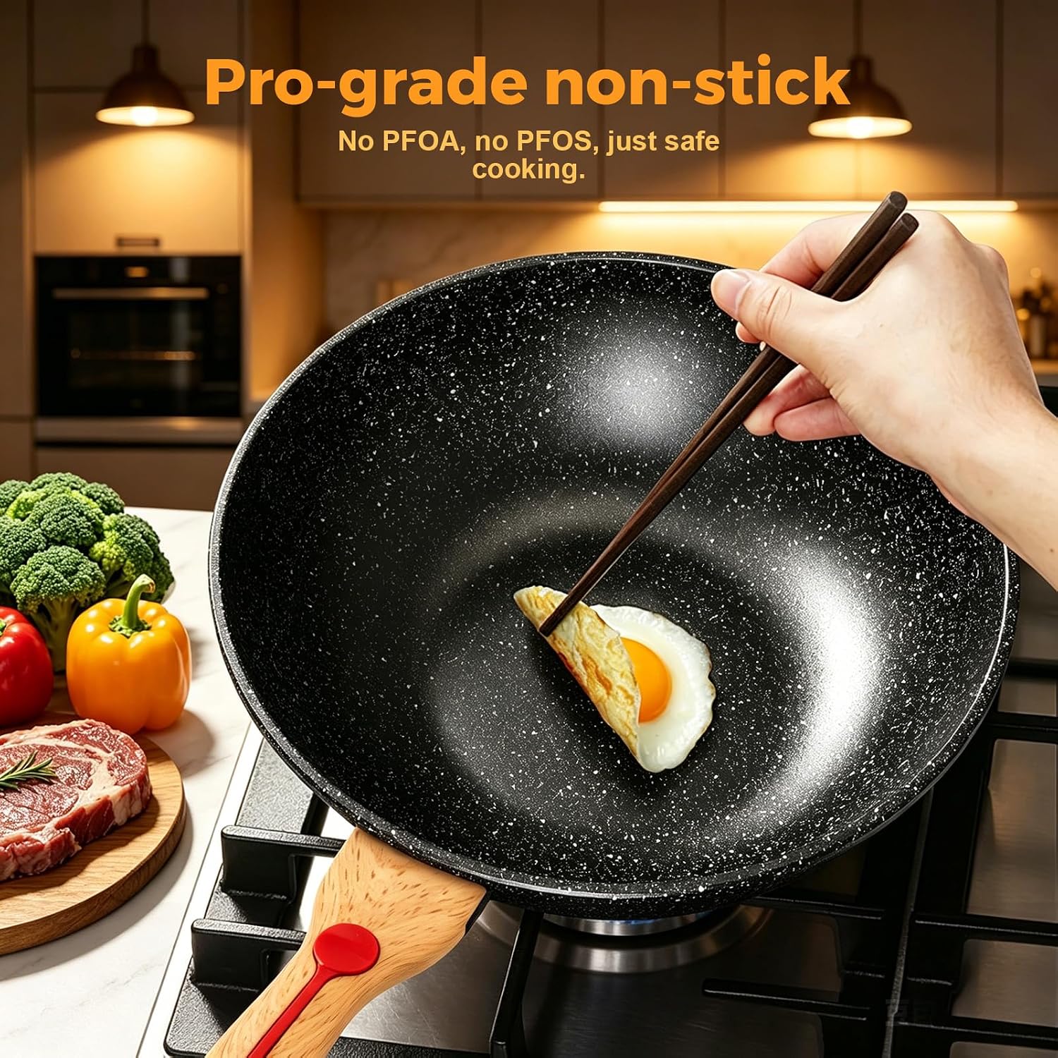 ITSMILLERS Nonstick Wok Aluminium Die-casting Chinese Wok, Scratch Resistant With Lid and Spatula, PFOA-Free, Dishwasher Safe & Induction Bottom