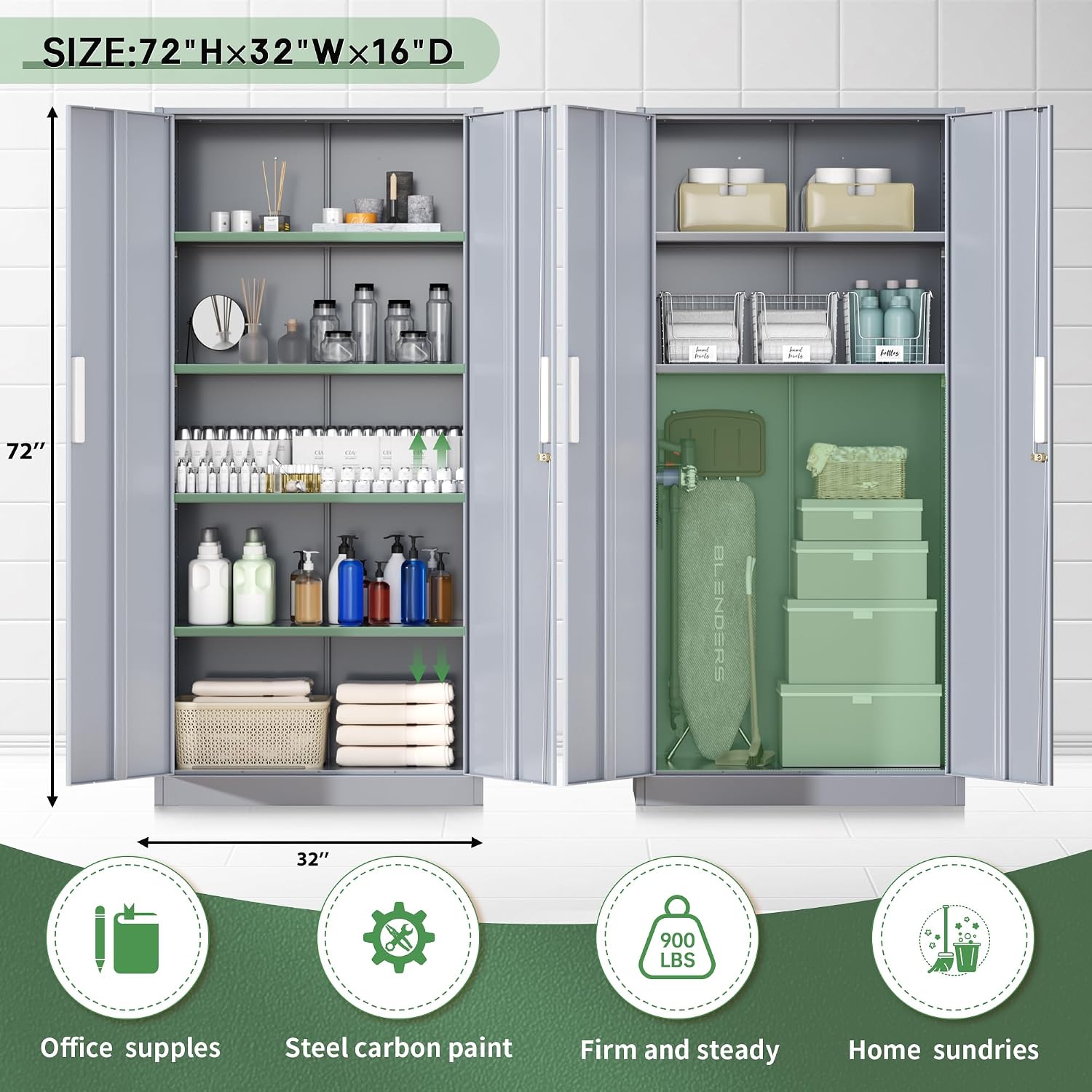 Greenvelly Steel SnapIt Storage Cabinet, 72" Locking Metal Garage Storage Cabinet with 4 Adjustable Shelves, 2 Doors and Lock for File, Office, Garage