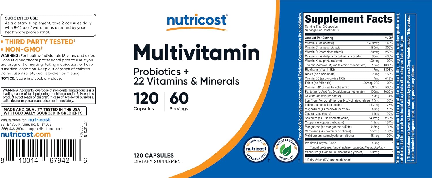 Nutricost Multivitamin with Probiotics 120 Vegetarian Capsules | Packed With Vitamins & Minerals