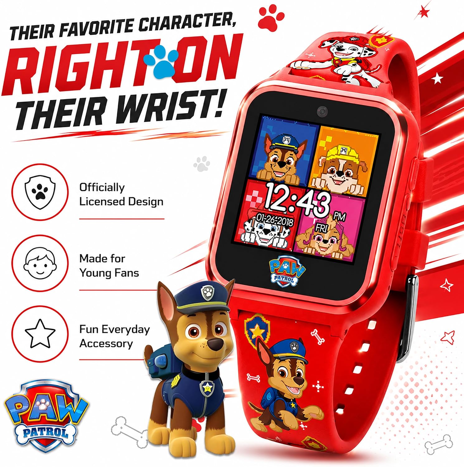 Accutime Paw Patrol Smart Watch with Camera for Kids and Toddlers - Interactive Smartwatch for Boys & Girls Featuring Games, Voice Recorder