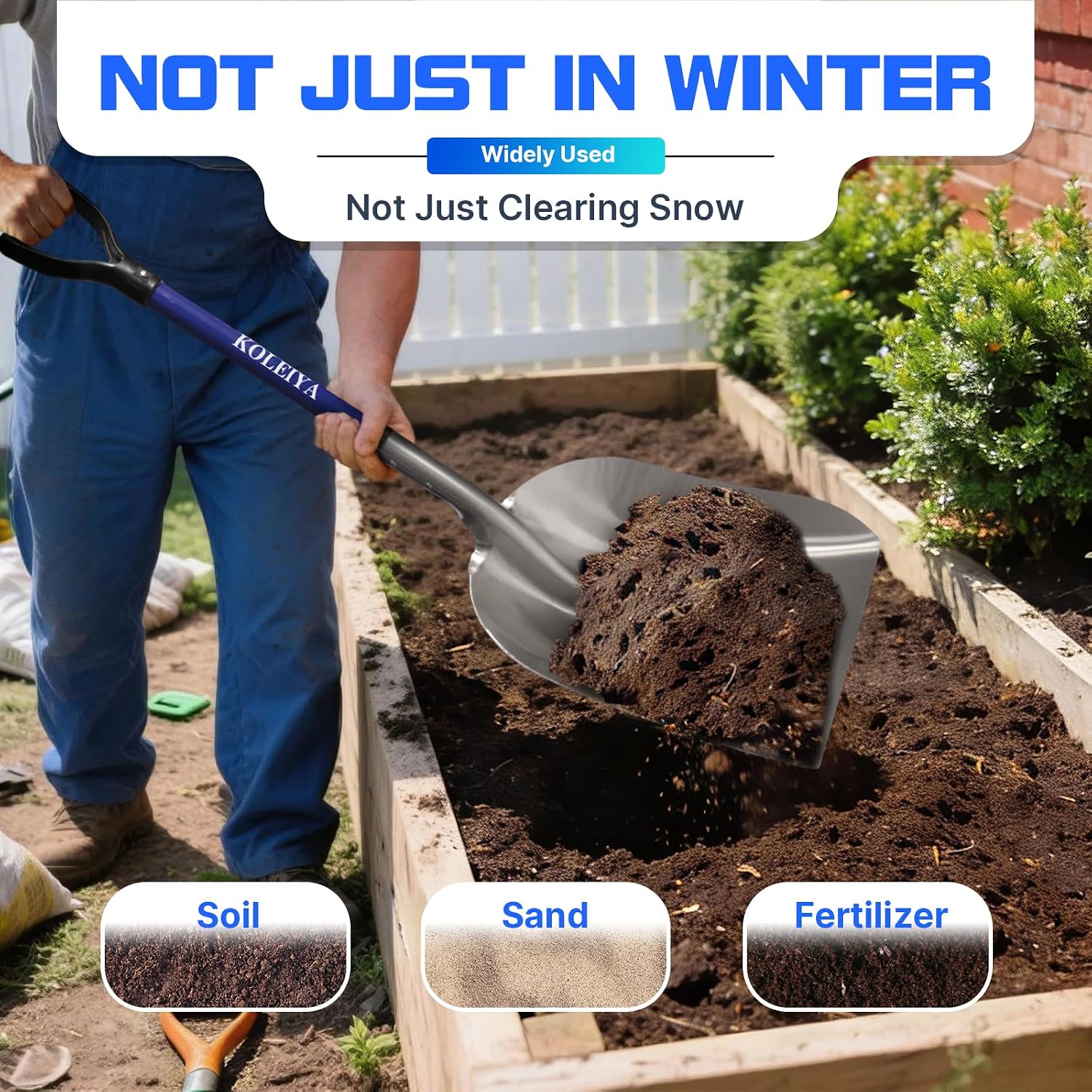 KOLEIYA Aluminum Snow Shovel Heavy Duty, 45-Inch Large Capacity Metal Scoop for Driveway, 3.7lbs Lightweight with Fiberglass D-Handle, Blue