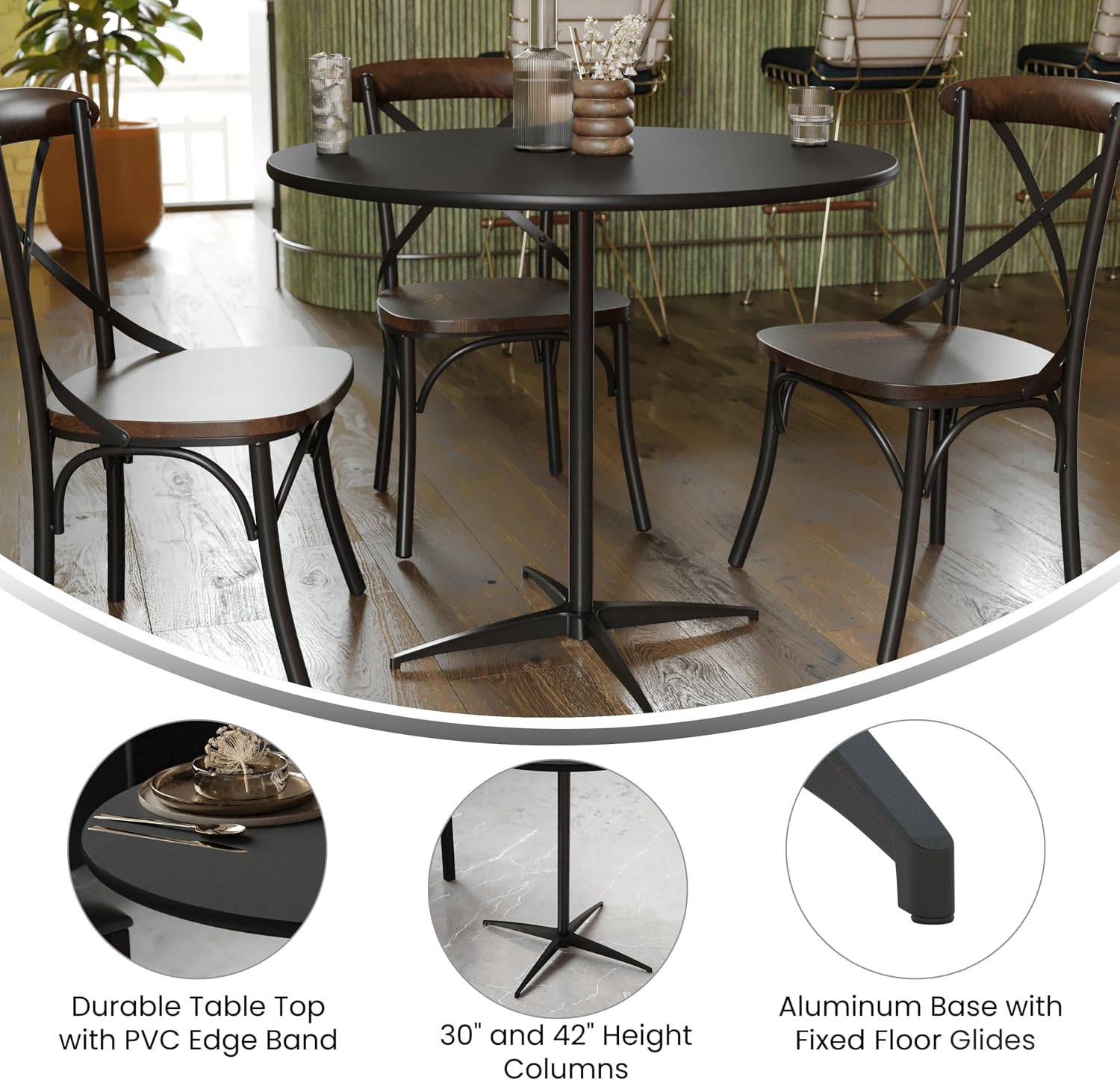 Flash Furniture Lars 24" Round Wood Cocktail Table with 30" and 42" Adjustable Columns, Adjustable Bar Height, for Events or Home Use