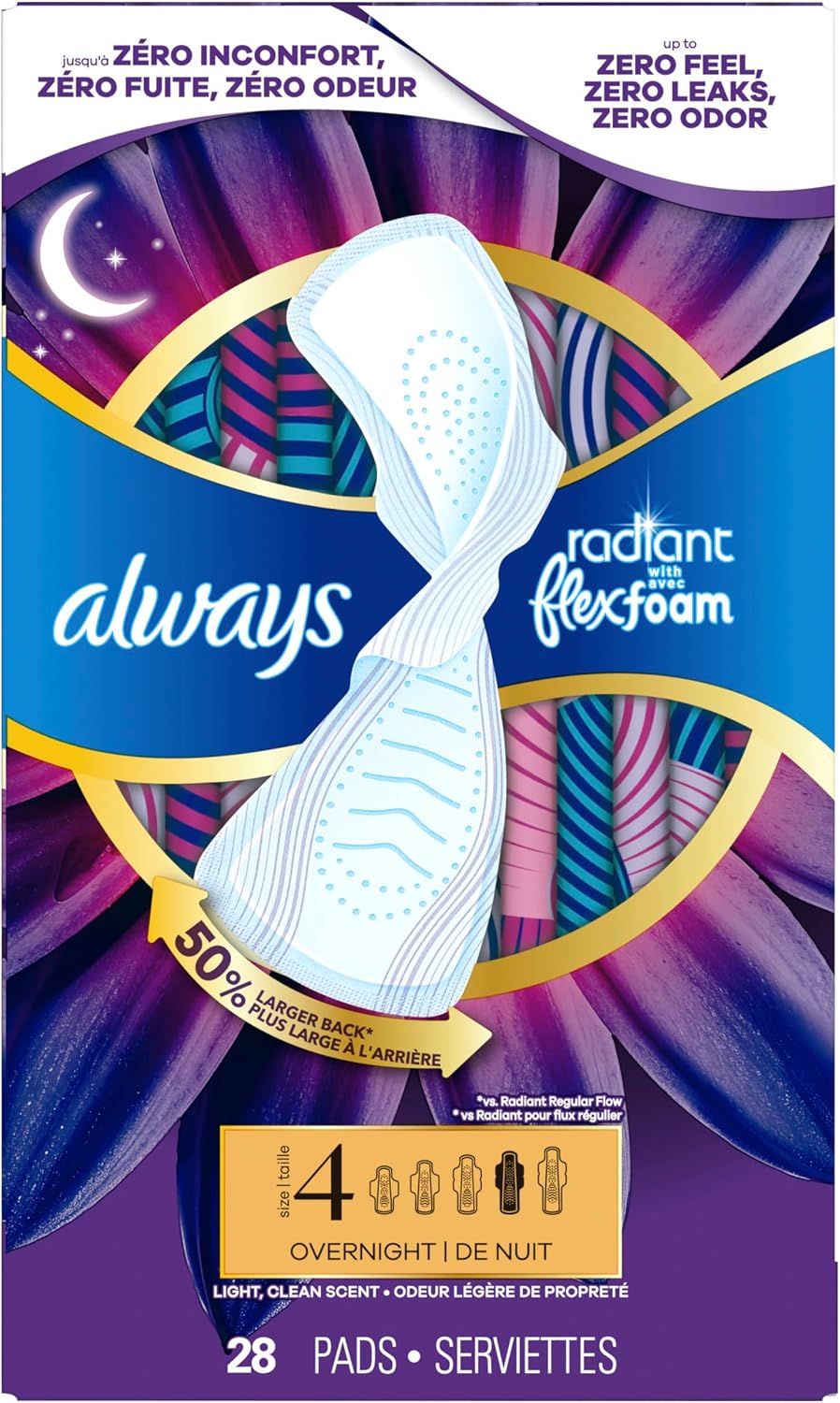 Always Radiant Feminine Pads for Women, Flexfoam Pads with Wings, Size 4, Overnight Absorbency, Lightly Scented, 60 Count (3 Packs of 20)