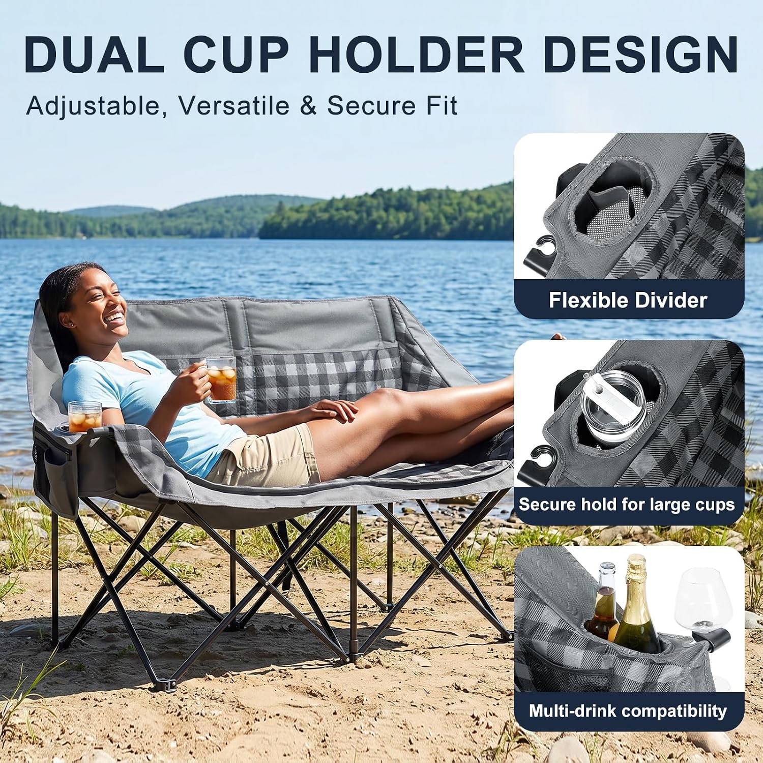Oversized Camping Chairs for Adult - Heavy Duty Padded Portable Folding Chair XL Collapsible Camp Chair with Cup Holder Side Pocket for Outdoor Lawn Beach Sport Fishing Support 500LBS, Grey