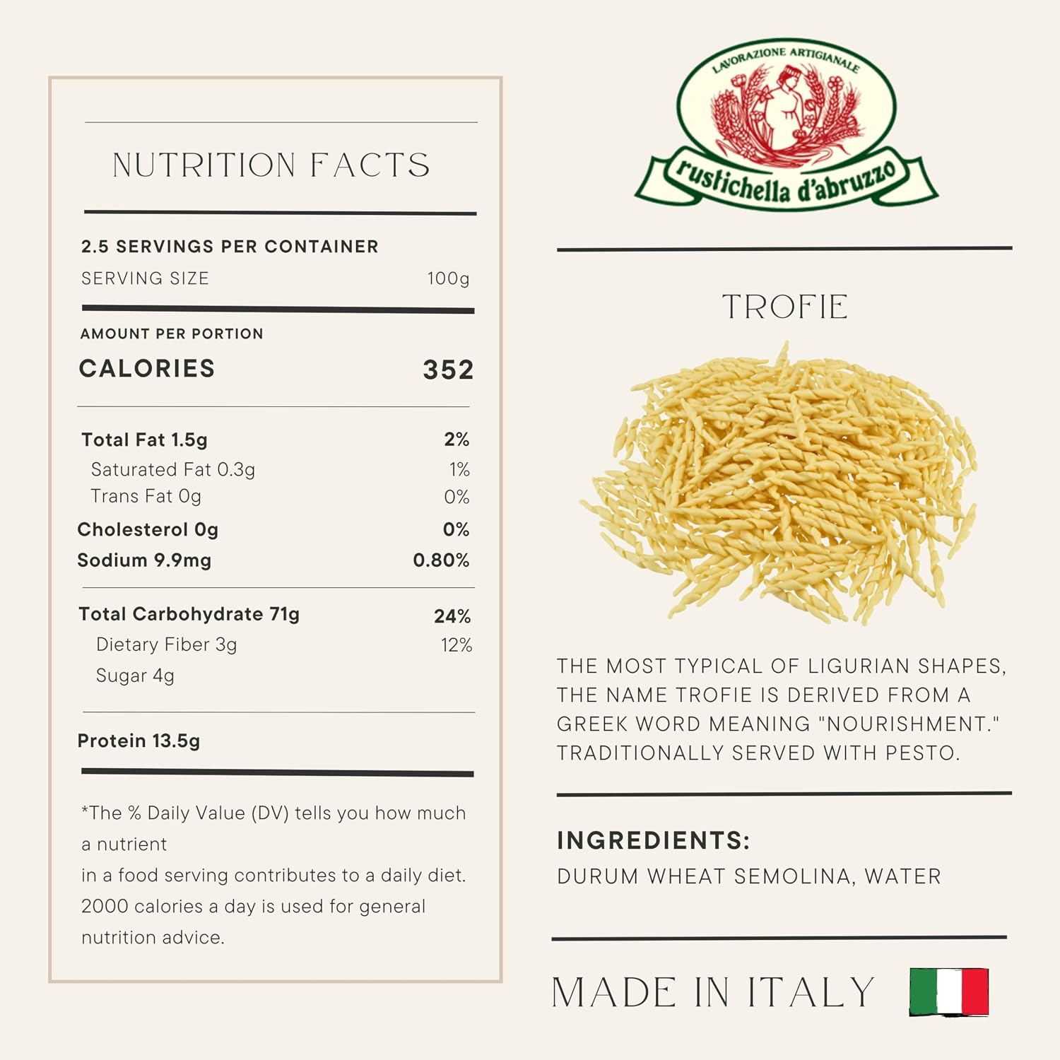 Rustichella d'Abruzzo Trofie Pasta - Authentic Italian Durum Wheat Semolina, Traditional Ligurian Shape
