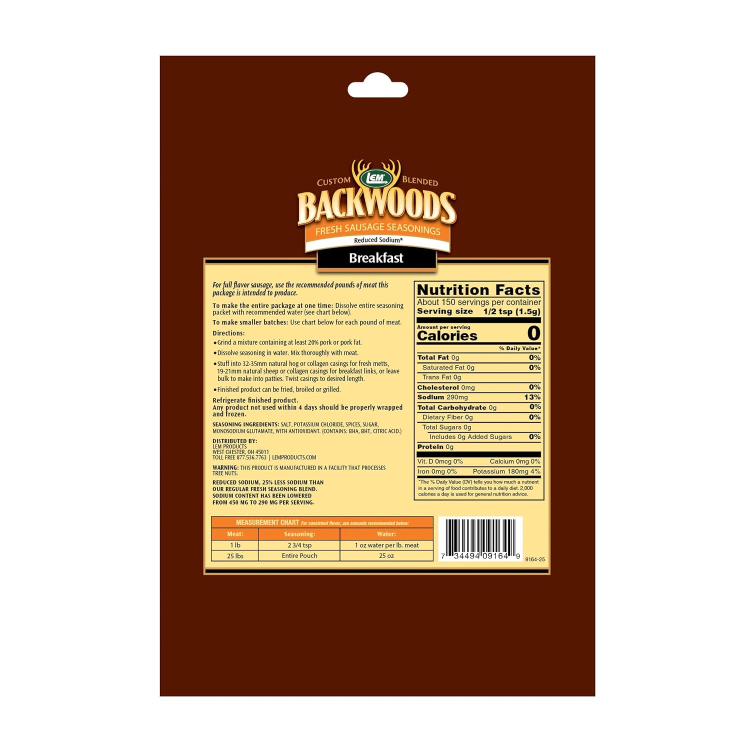 LEM Products Backwoods Breakfast Fresh Sausage Seasoning, 8.3 oz Packet | Pre-Measured Seasoning for Wild Game and Domestic Meat, Seasons Up to 25 Pounds of Meat for Homemade Patties and Sausages