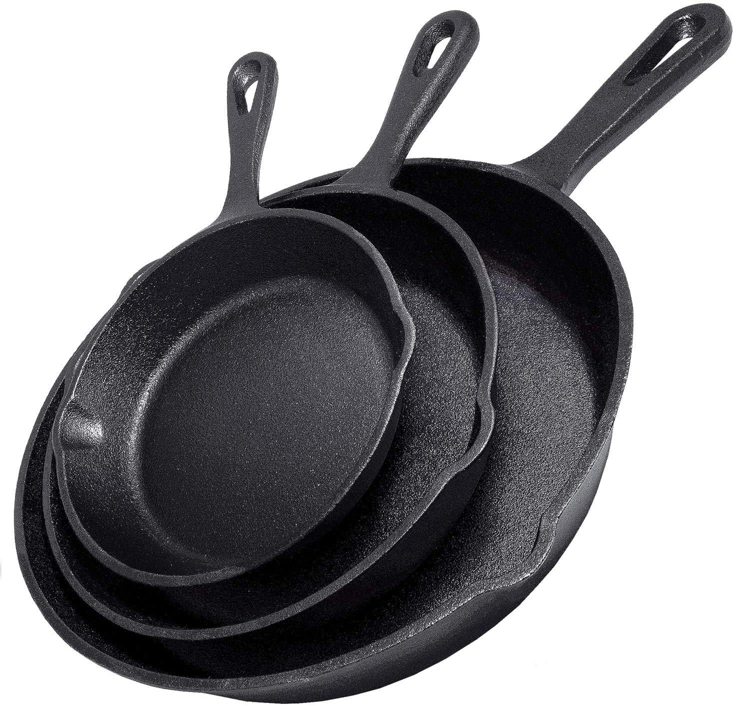 Cast Iron Skillet 3-Piece Set w/Cookbook - Heavy-Duty Professional Restaurant Chef Quality Pre-Seasoned Pan Cookware - 10", 8", 6.25" Pans - For Frying, Saute, Cooking, Pizza - Black