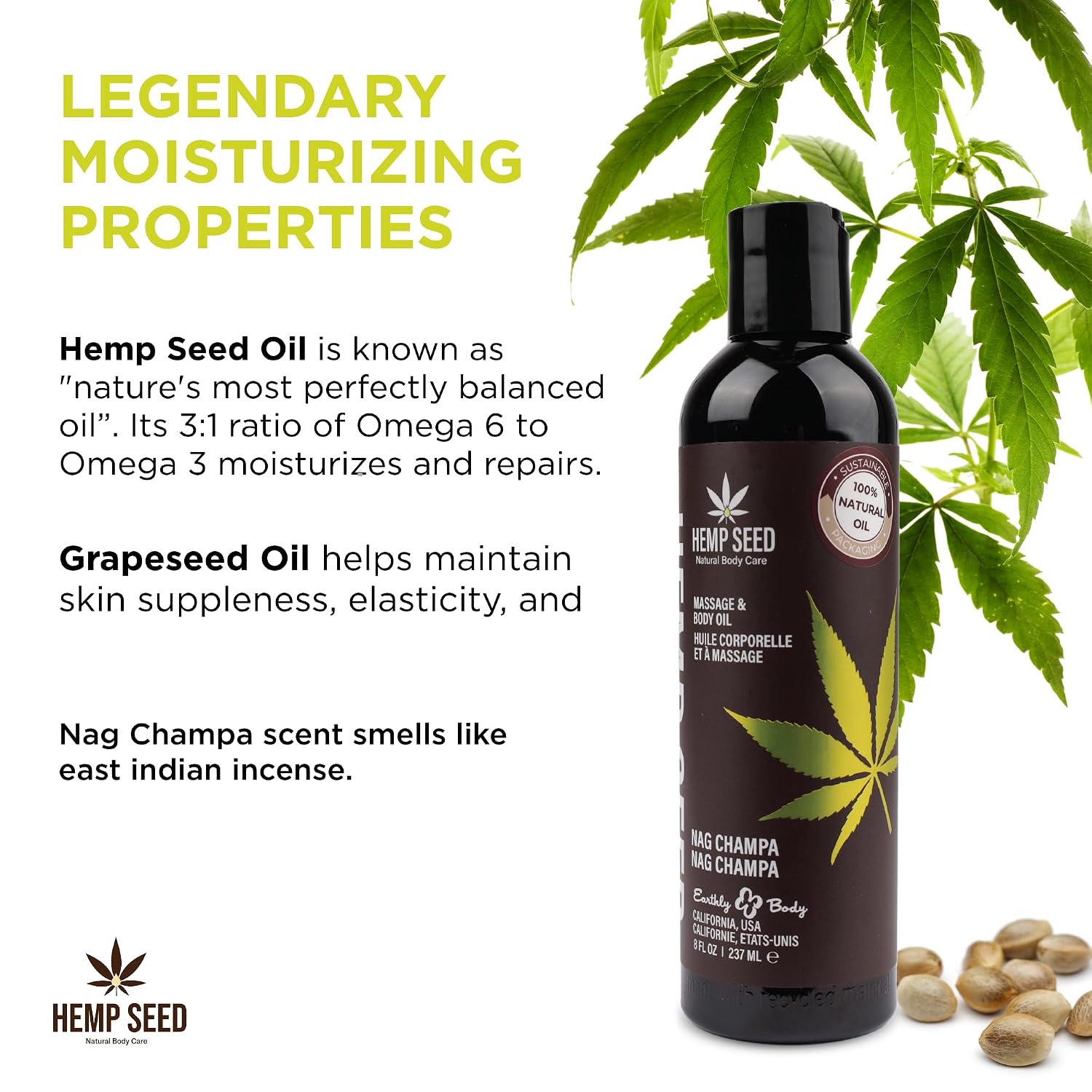 Hemp Seed Massage & Body Oil - 8 fl. oz. - Nourishing, Moisturizing Massage Oil - Hemp Seed, Apricot, Grapeseed & Sweet Almond Oil - Vegan & Cruelty Free