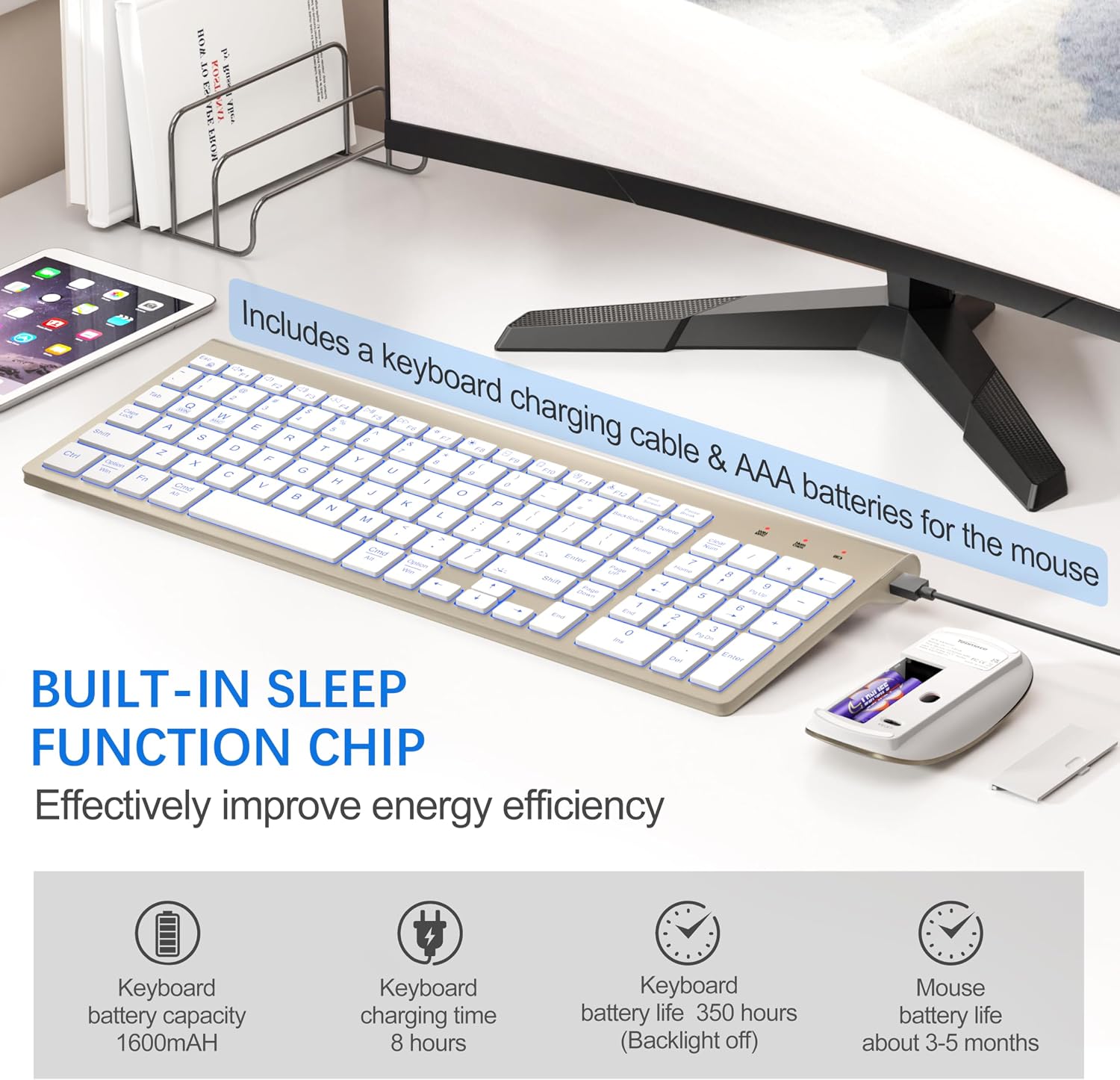 Wireless Keyboard and Mouse Ultra Slim Combo, TopMate - White | 2.4G Silent Compact 2400DPI Mouse and Scissor Switch Keyboard Set with Cover, Batteries Included, for PC/Laptop/Windows/Mac