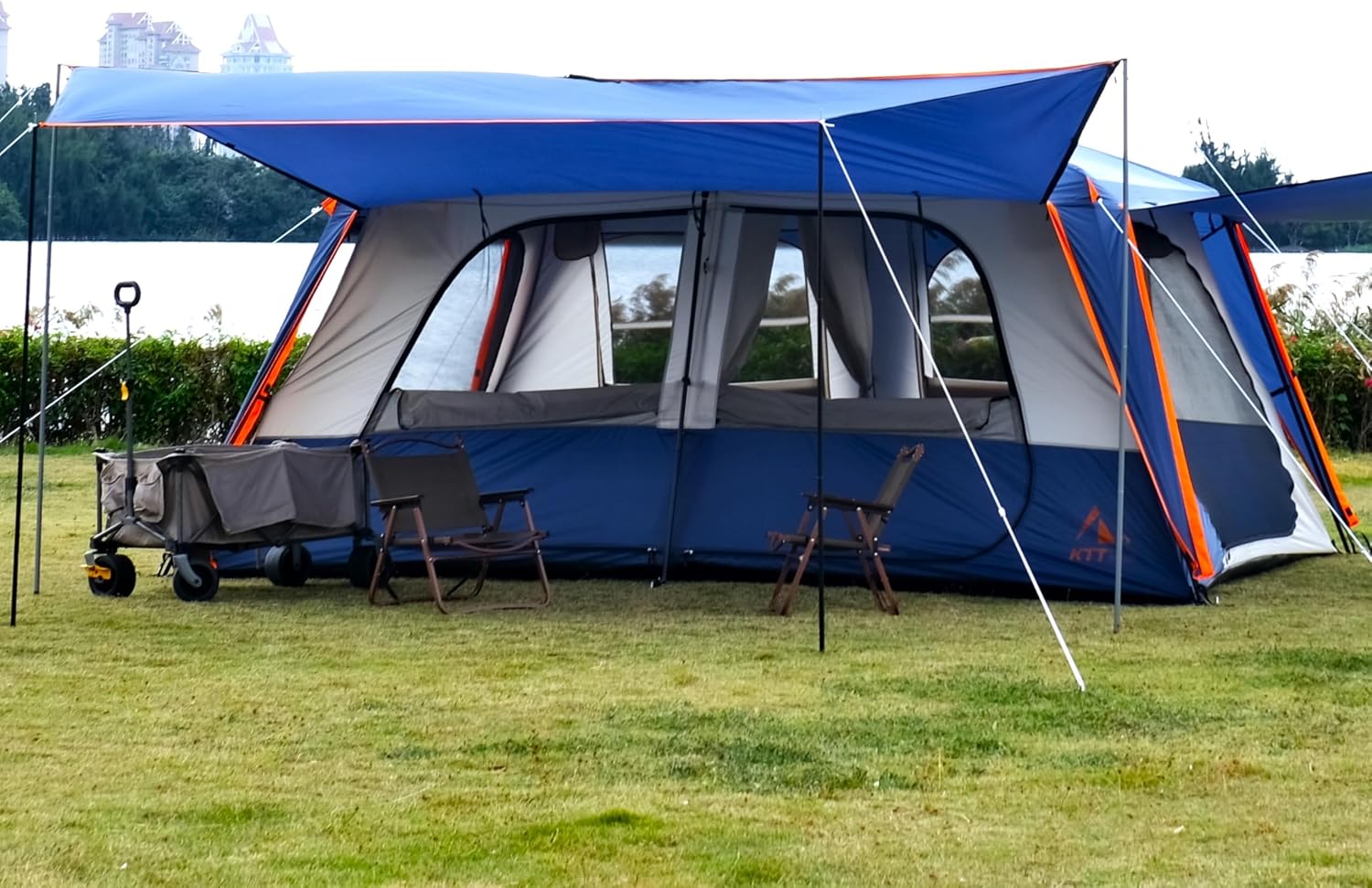 KTT Extra Large Tent 12-14 Person, Family Cabin Tents, 2 Rooms, Straight Wall, 2 Doors 4 Windows with Mesh, Waterproof, Double Layer