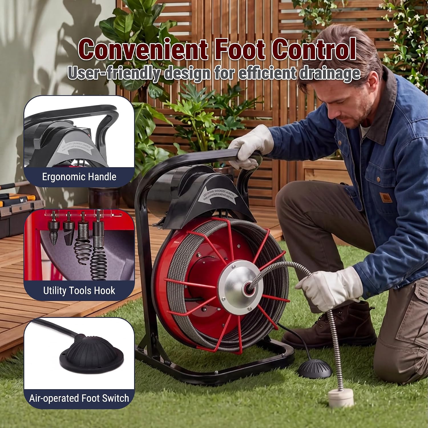 HoldwellS 50FT x 5/16 Inch Drain Cleaner Machine, Electric Drain Auger for 3/4"-3" Pipes, Sewer Snake Auger with 4 Cutters & Pneumatic Foot Switch