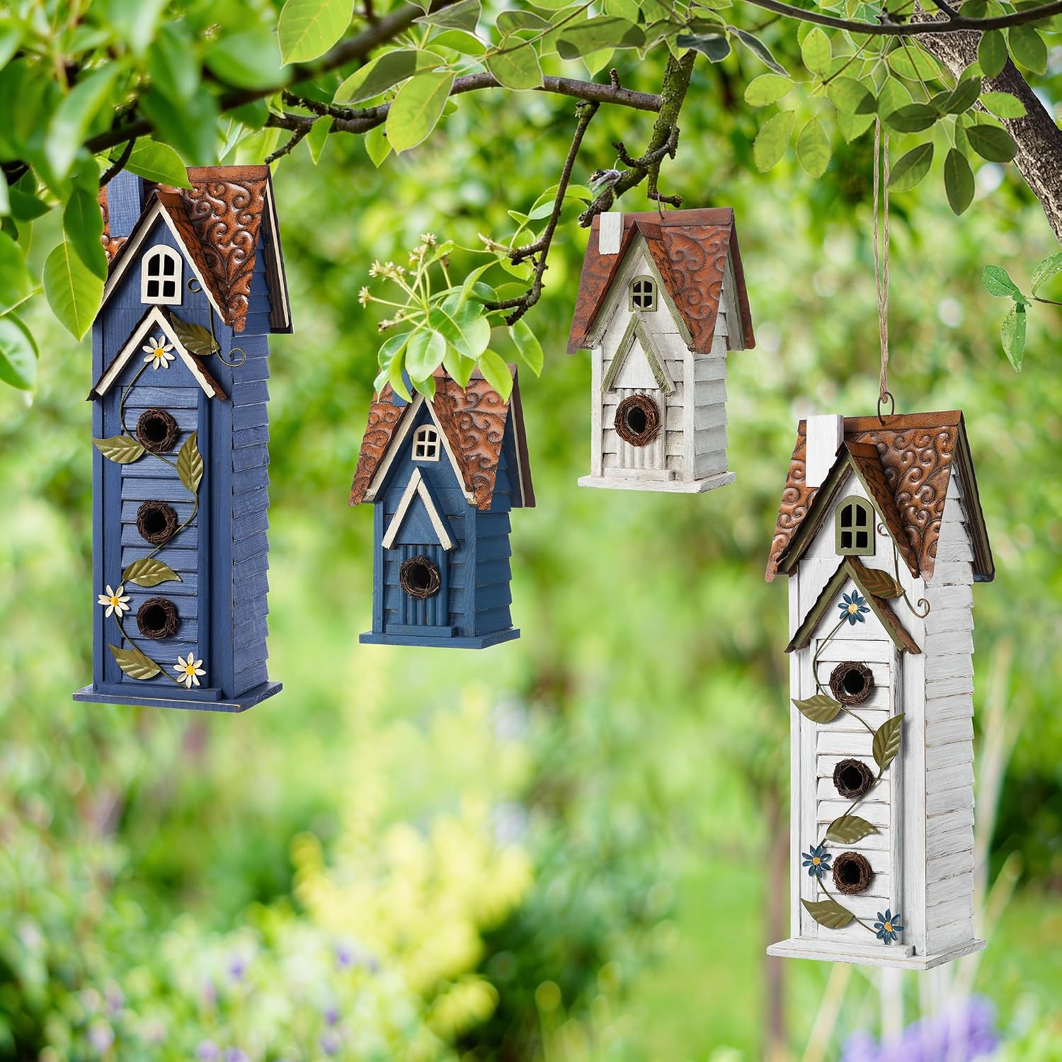 Glitzhome 12" H Green Hanging Distressed Solid Wood Garden Bird House Decorative Birdhouse