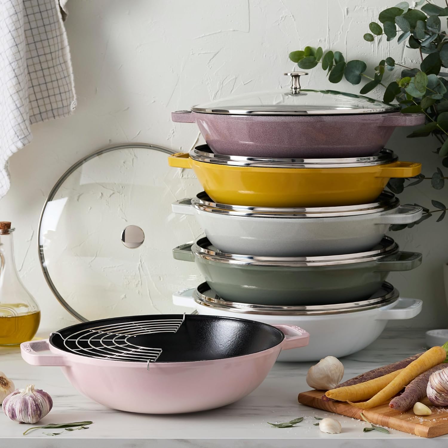 Staub Cast Iron Perfect Pan, Wok, Dutch Oven, 4.5-quart, serves 4-5, Made in France, Dark Blue