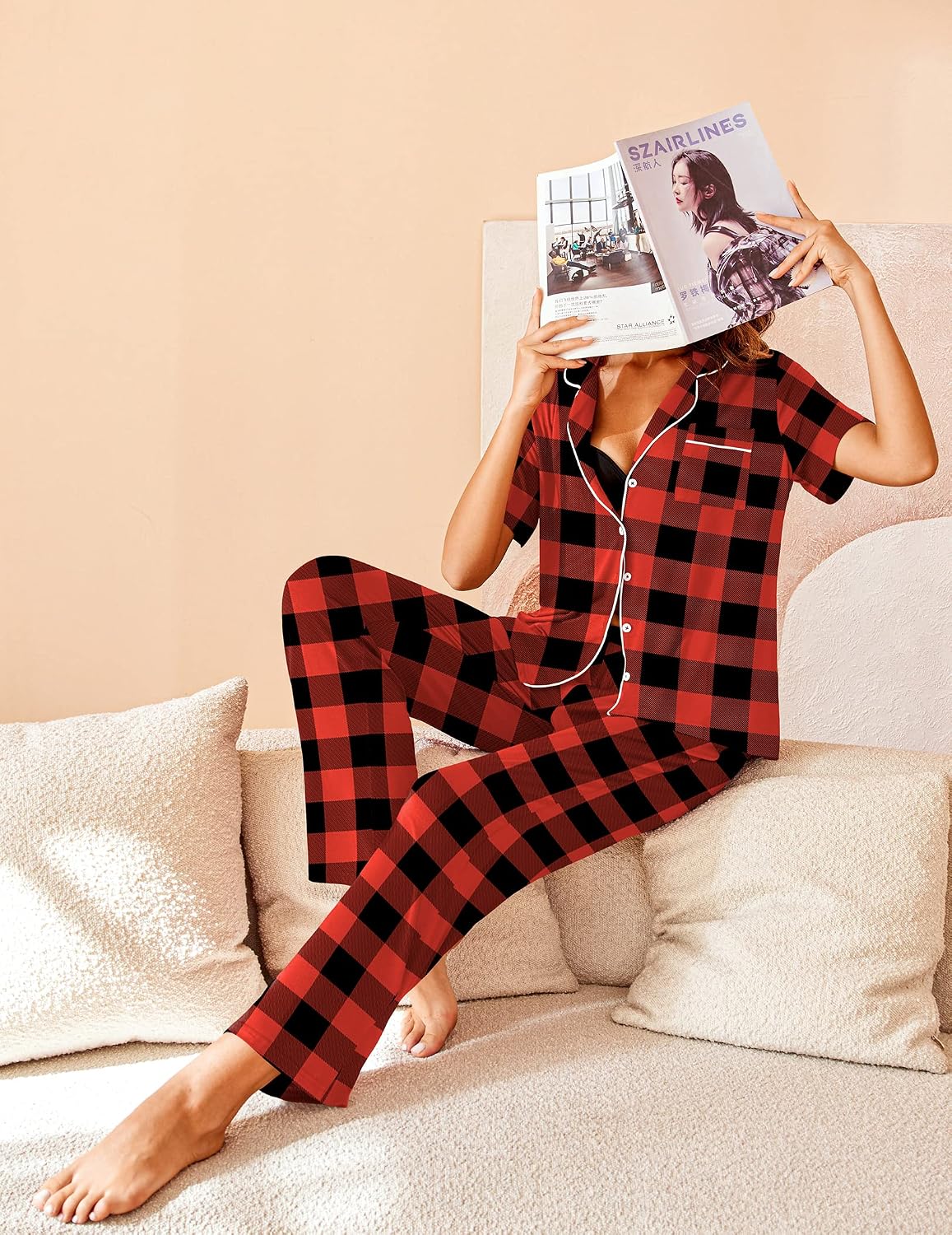 Avidlove Women Pajamas Set Notch Collar Soft Sleepwear Pjs Short Sleeve Button Down Nightwear with Long Pants