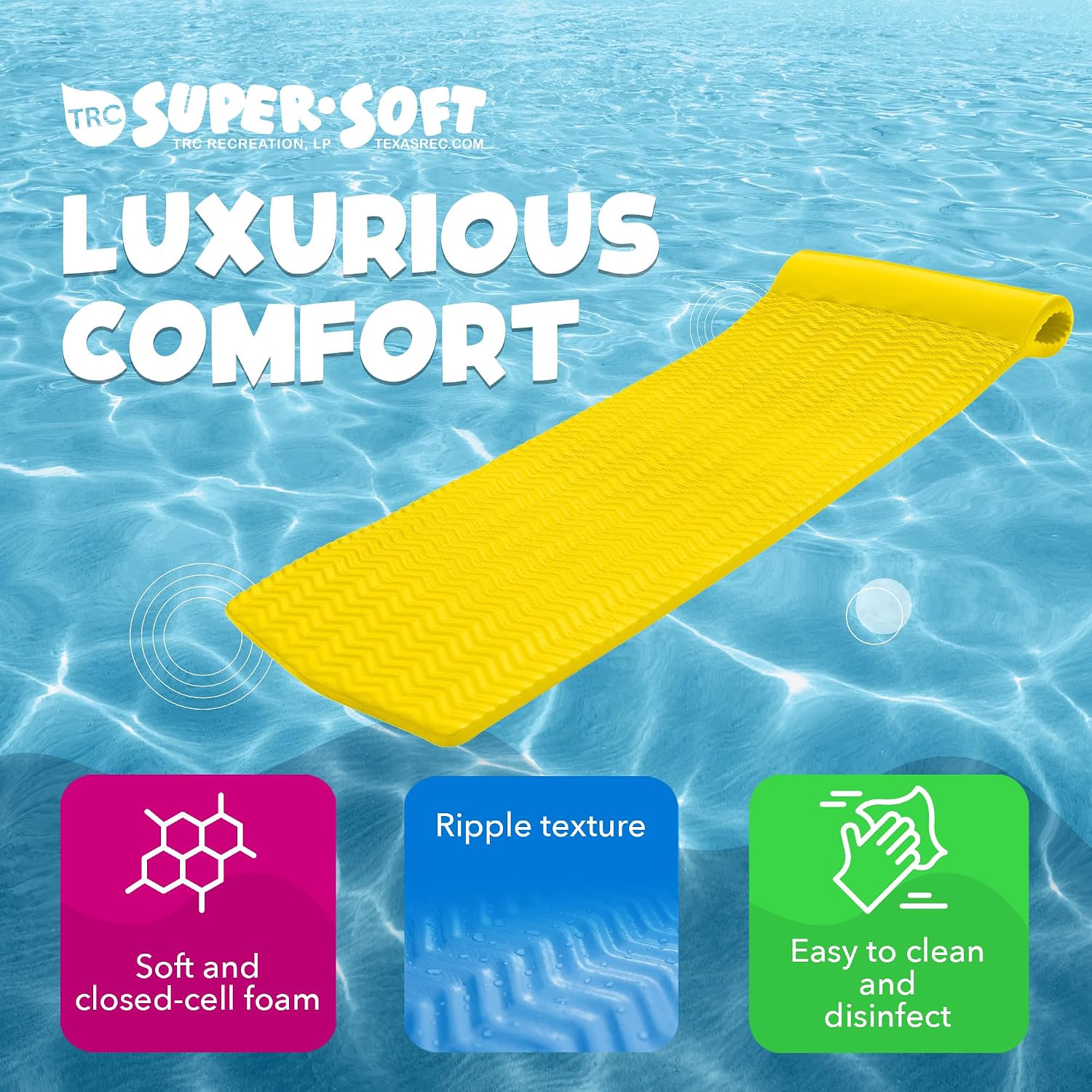 TRC Recreation Serenity 1.5” Thick Vinyl Coated Foam Swimming Pool Float Mat Adult Lounger with Built-in Roll Pillow