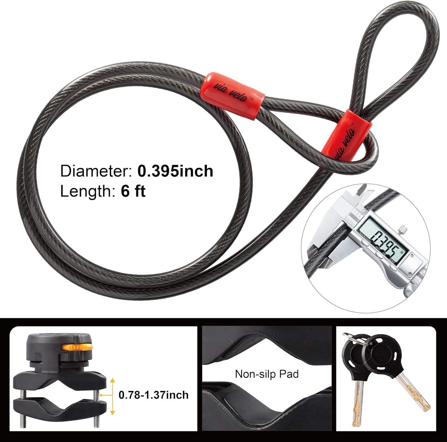 Bike U Lock with Cable - Via Velo Heavy Duty Bicycle U-Lock,14mm Shackle and 10mm x1.8m Cable with Mounting Bracket for Road, Mountain, Electric & Folding Bike