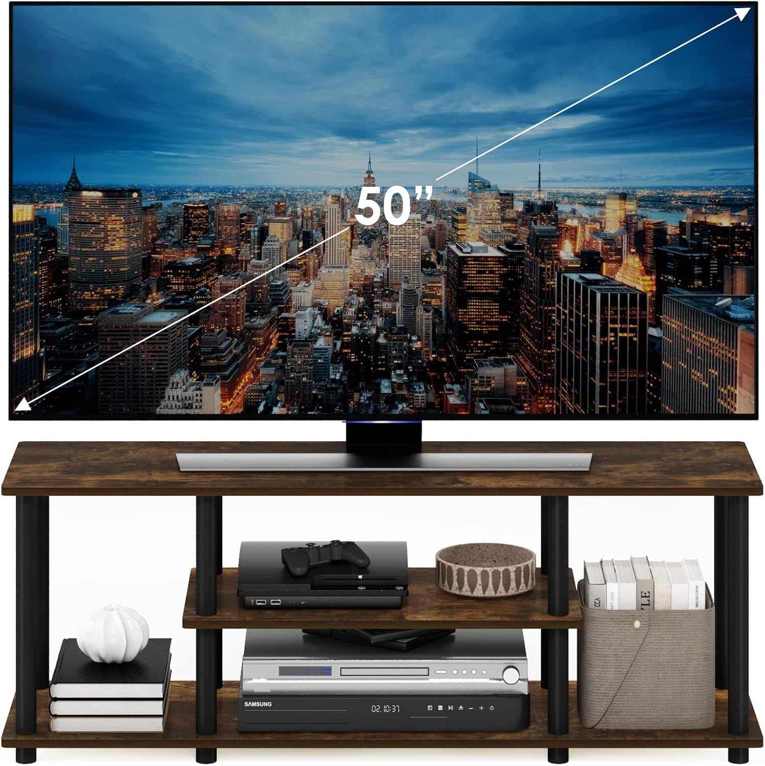 Furinno Turn-N-Tube No Tools 3D 3-Tier Entertainment TV Stand up to 50 inch TV, Round Tubes, French Oak Grey/Black | for TV up to 50 Inch, Open Frame Rectangular Entertainment Center with Storage Shelf, TV Console, for Living Room, Bedroom