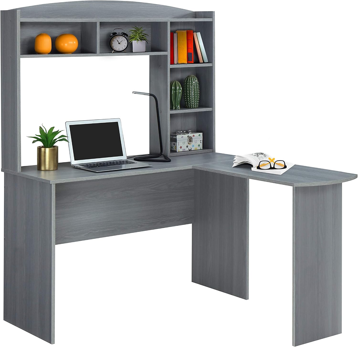 Techni Mobili Modern L-Shaped Desk with Hutch, Grey