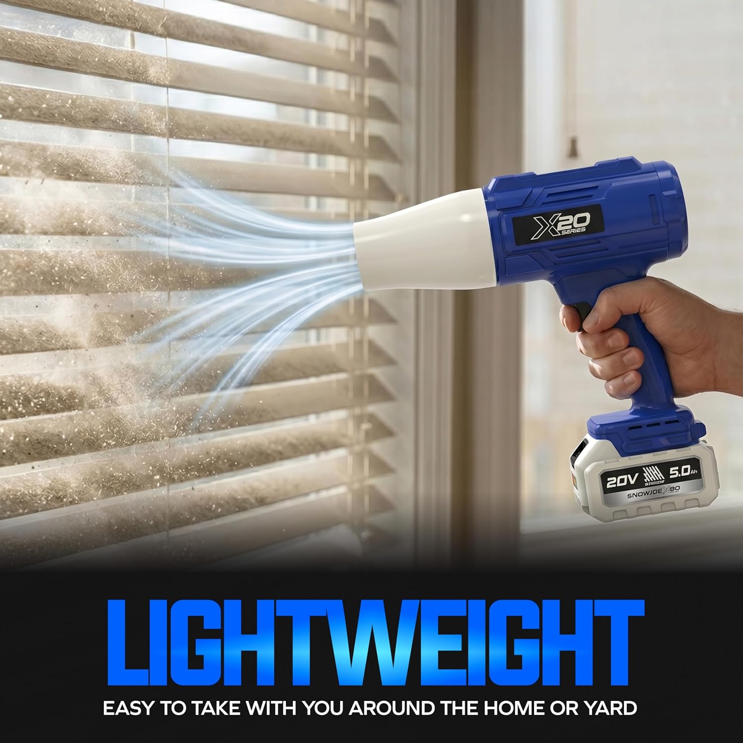 Sun Joe 20V ECOSHARP X20 StormJet Cordless Turbo Blower, 40 CFM Handheld Leaf and Dust Blower with 5.0Ah Battery and Charger, Blue, GO-SRMJET-5A-BLU