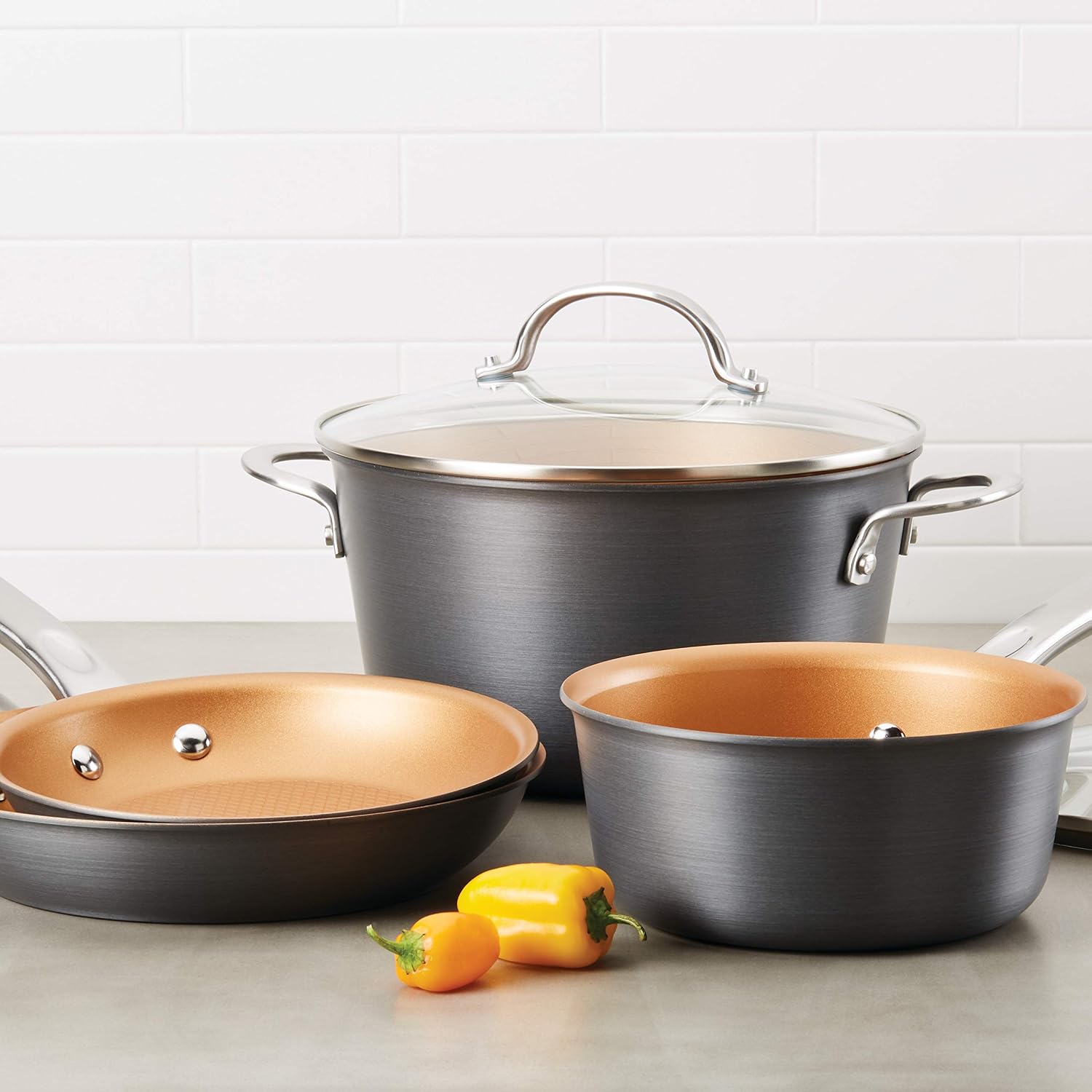 Ayesha Curry Kitchenware Ayesha Curry Home Collection Hard Anodized Nonstick Cookware Pots and Pans Set, 9 Piece, Charcoal Gray