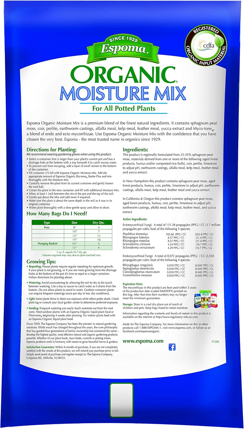 Espoma Organic Moisture Mix Potting Soil - All Natural Potting Mix For All Indoor & Outdoor Containers For Organic Gardening