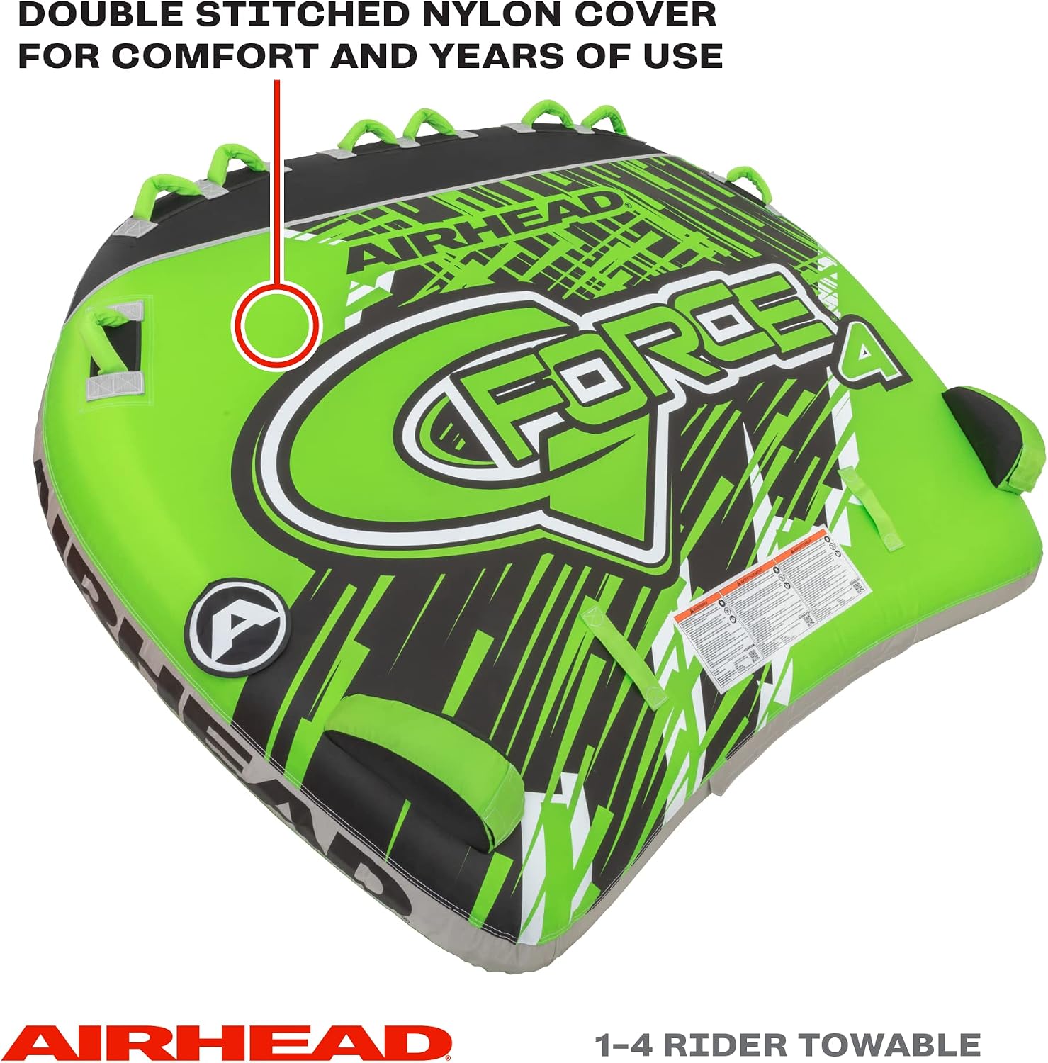 Airhead G-Force Towable Tube for Boating, 1-4 Rider Inflatable Boat Tube for Water Tubing, Heavy Duty Full Nylon Cover, Stabilizer Fins with Neoprene Knuckle Guards, Speed Safety Valve