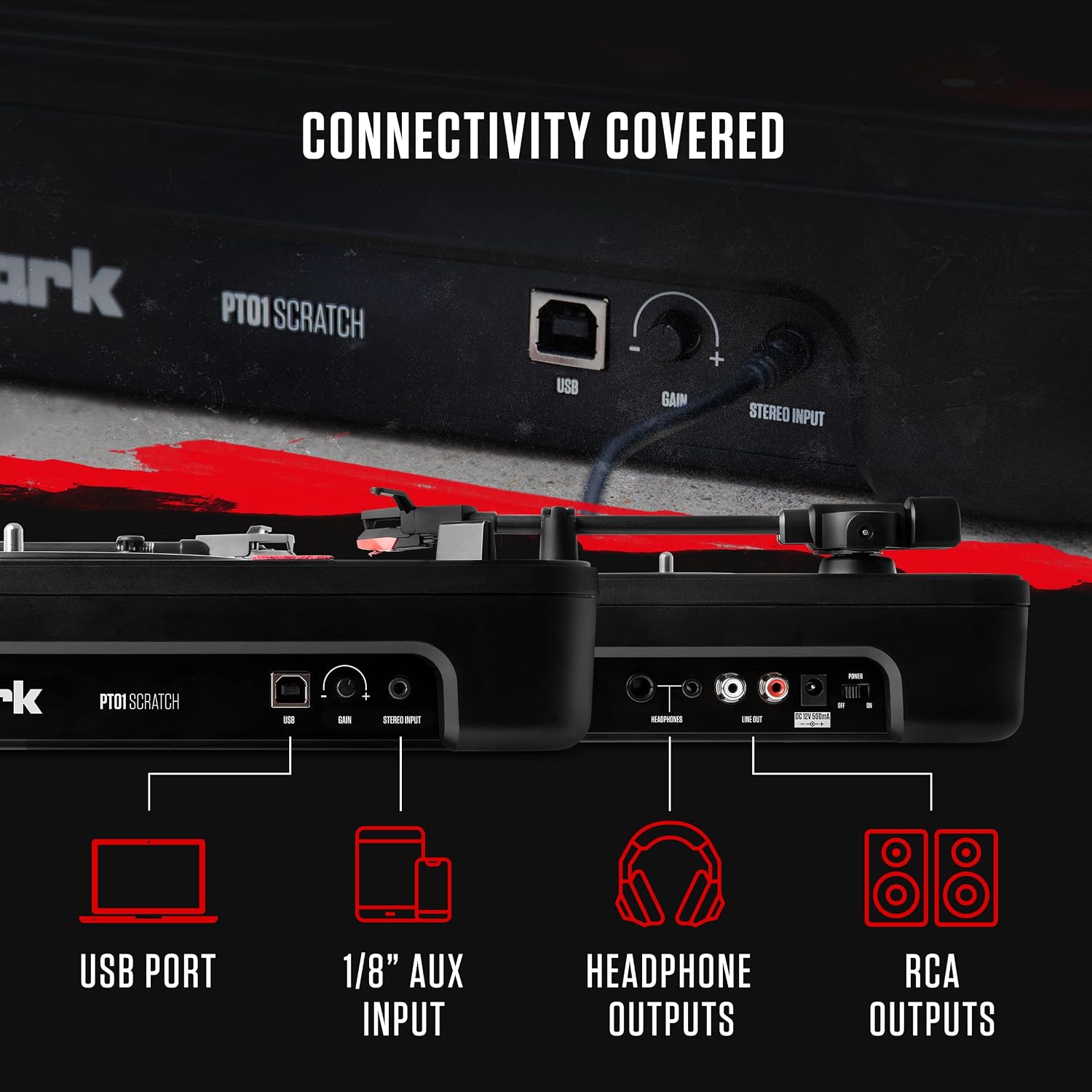 Numark PT01 Scratch Portable DJ Turntable | Scratch Switch, Built-In Speaker, 3-Speed Playback, USB Out, AC and Battery Power for Portablists