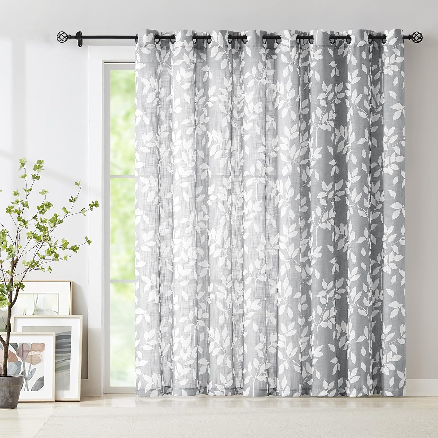 Leaf Semi Sheer Curtains for Bedroom Living Room 52x72" Taupe White Print 2
