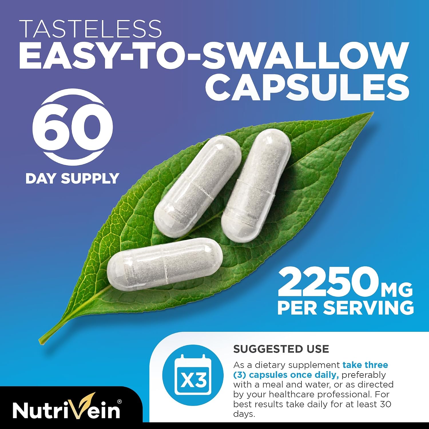 Nutrivein Multi Collagen Peptides Pills 2250 mg - 180 Capsules, 5 Types | Types I, II, III, V, X hydrolyzed peptides for women and men. Supports hair