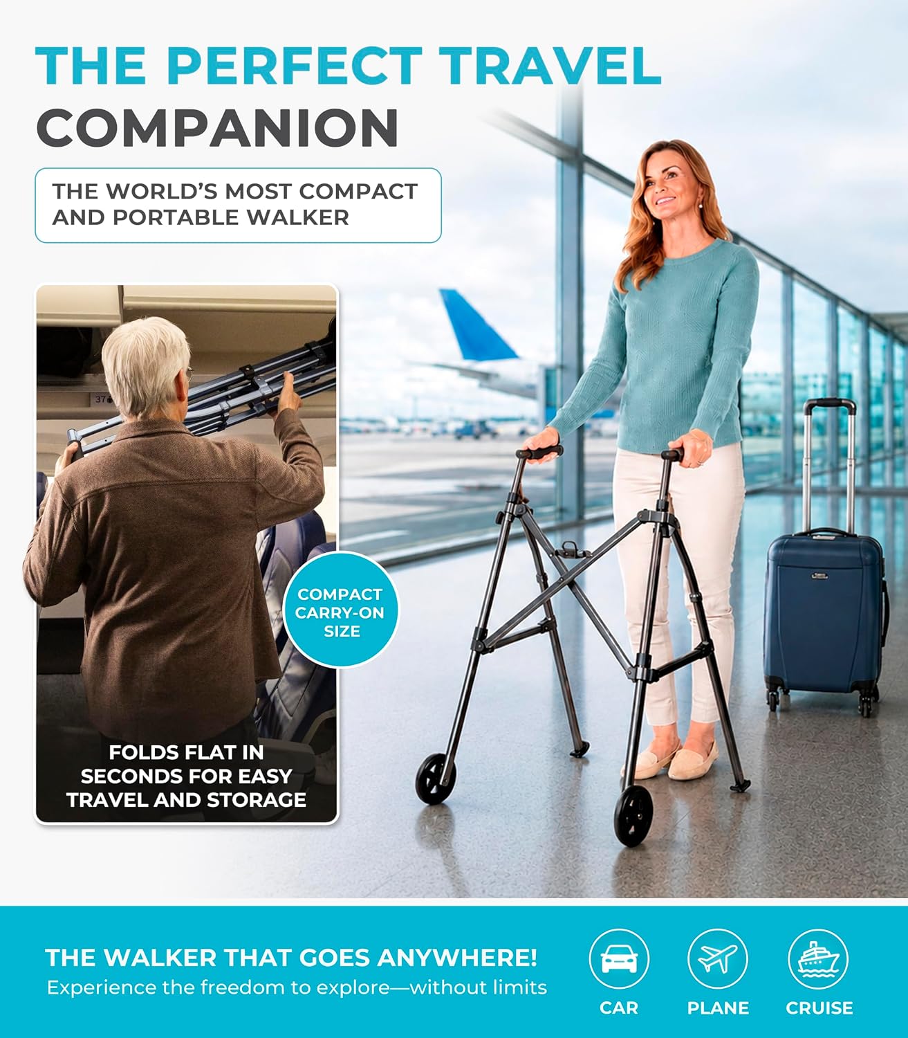 Stander Wonder Walker with 5-inch Wheels, Lightweight Folding Walker for Adults, Seniors, and Elderly, Collapsible Travel Walker