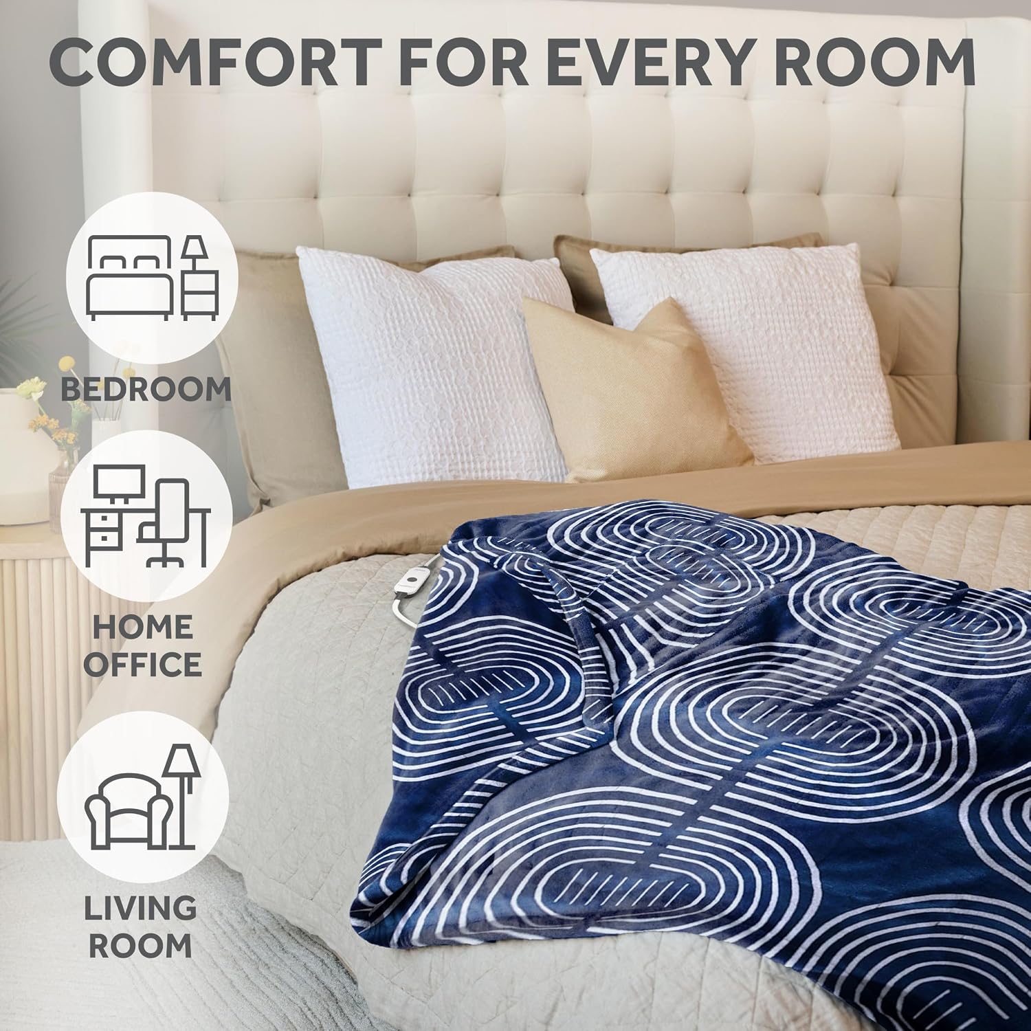 Sunbeam Electric Royal Posh Velvet Heated Blanket, 12 Heat Settings, 12-Hour Selectable Auto Shut-Off, Fast Heating, Warm and Lush, Champagne Color, King, 90" x 100"